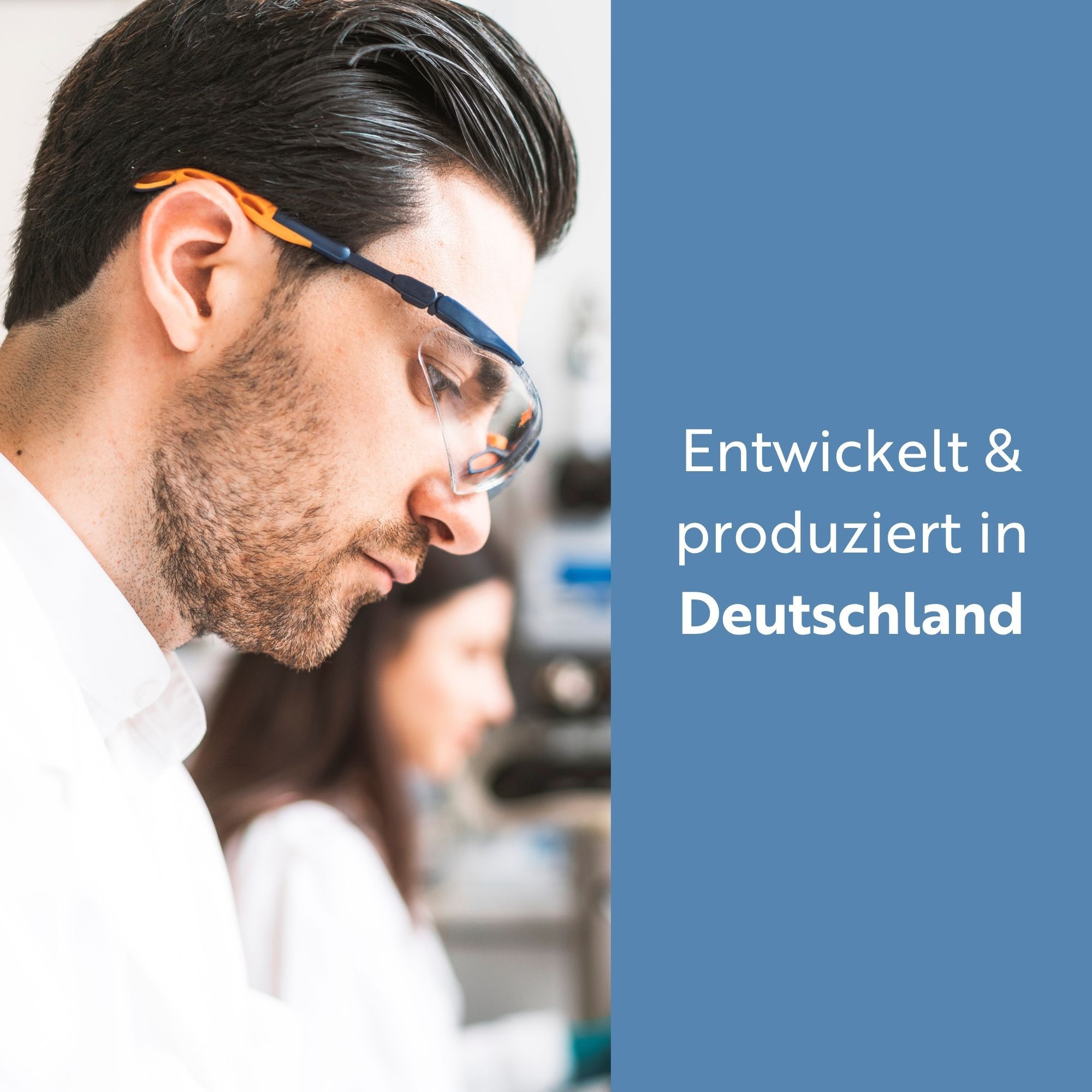 Man met veiligheidsbril in laboratoriumomgeving. Tekst: Ontwikkeld & geproduceerd in Duitsland.