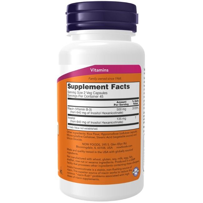 Flacon blanc avec étiquette orange. Contient des gélules. Texte : Now Foods, Supplement Facts, Niacine, 250 mg.