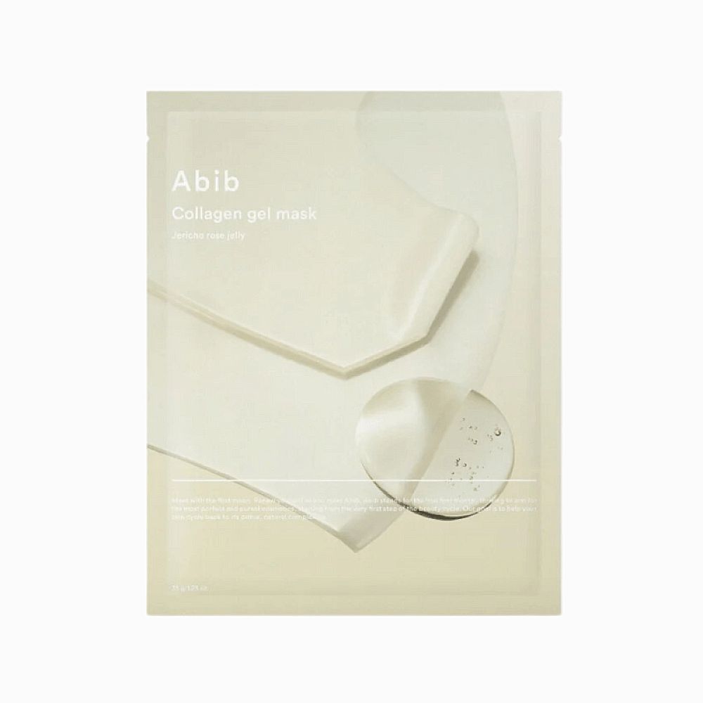 Verpakking van een gezichtsmasker. Opschrift: Abib Collagen Gel Mask. Transparant masker en vloeistof zichtbaar.