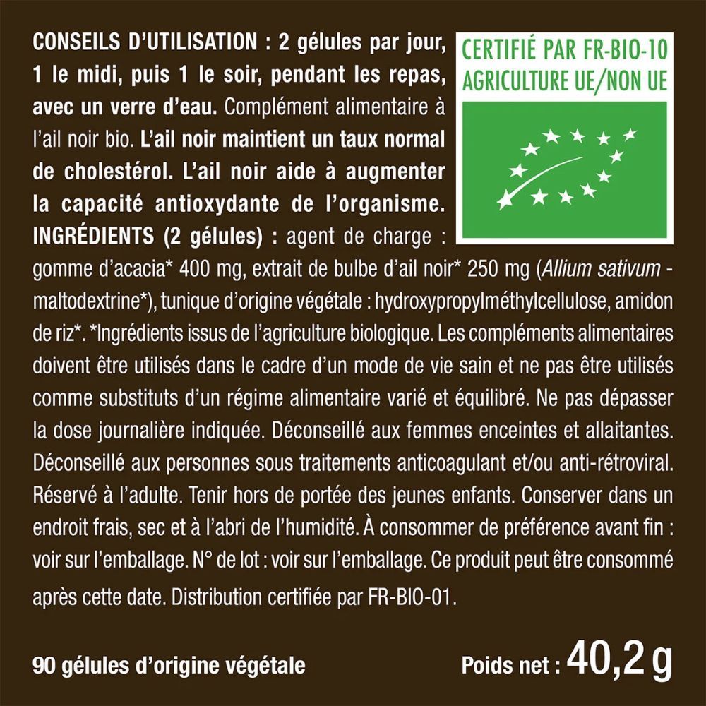 Flacon marron d'Ail Noir BIO. Texte : Aide à maîtriser le cholestérol. 90 gélules.