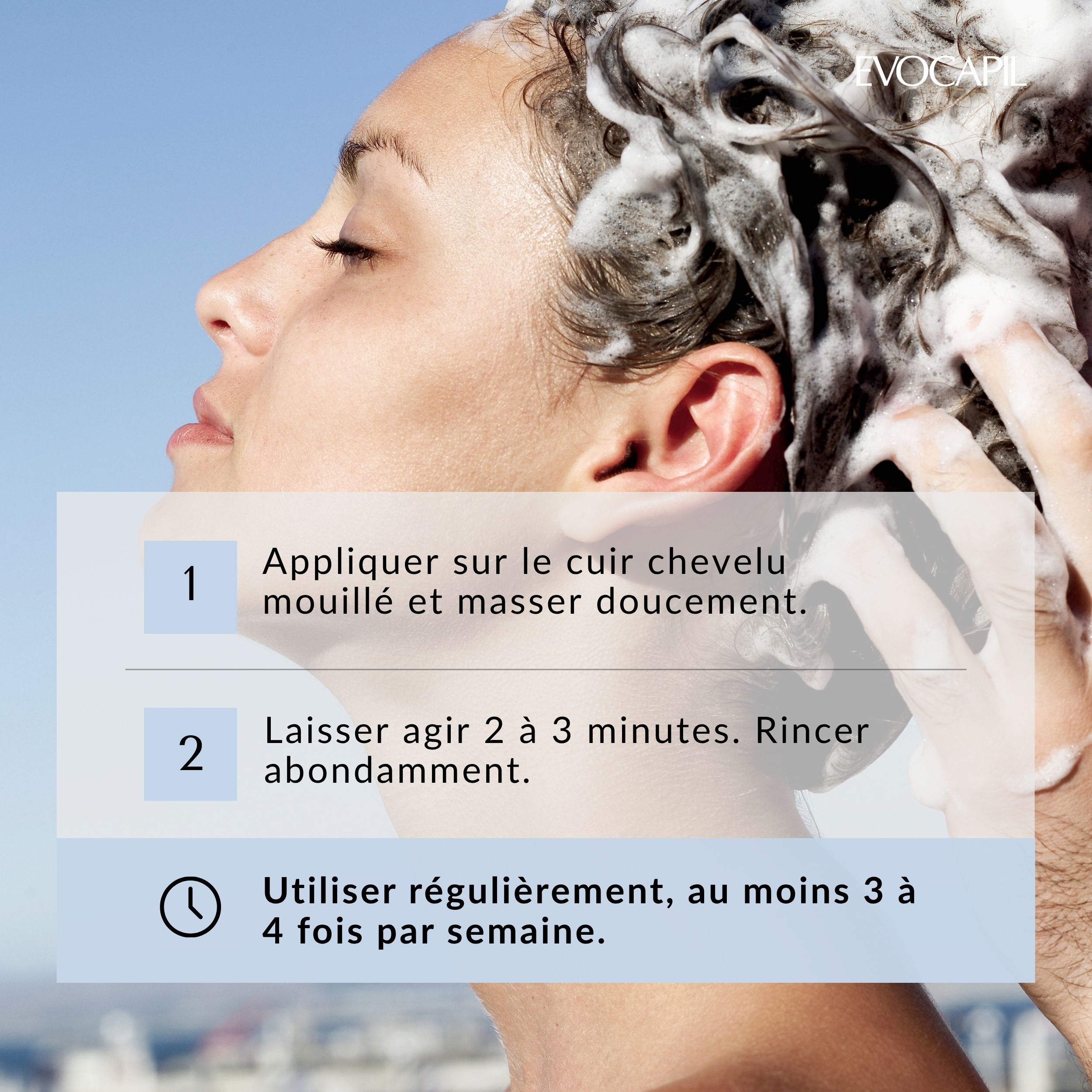 Instructions d'utilisation : Appliquer, masser, laisser agir 2-3 minutes, rincer. Min. 3-4 fois/semaine.