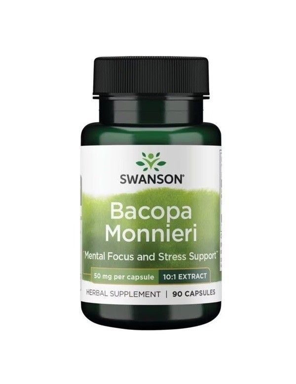 Gélules vertes avec étiquette blanche : SWANSON Bacopa Monnieri, 90 gélules.