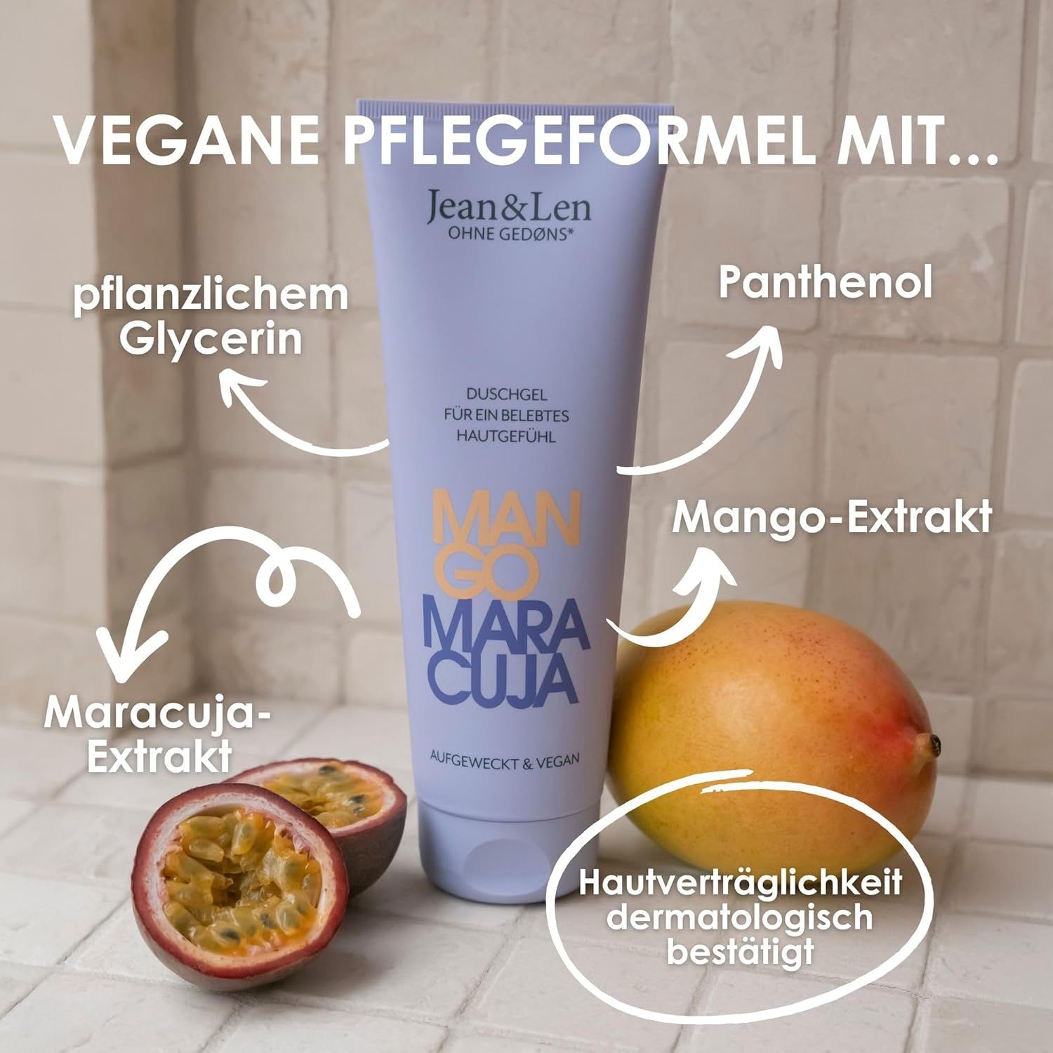 Douchegel tube met Mango & Maracuja, mango, passievrucht helften. Tekst: Veganistische verzorgingsformule met... Dermatologisch geteste huidvriendelijkheid.