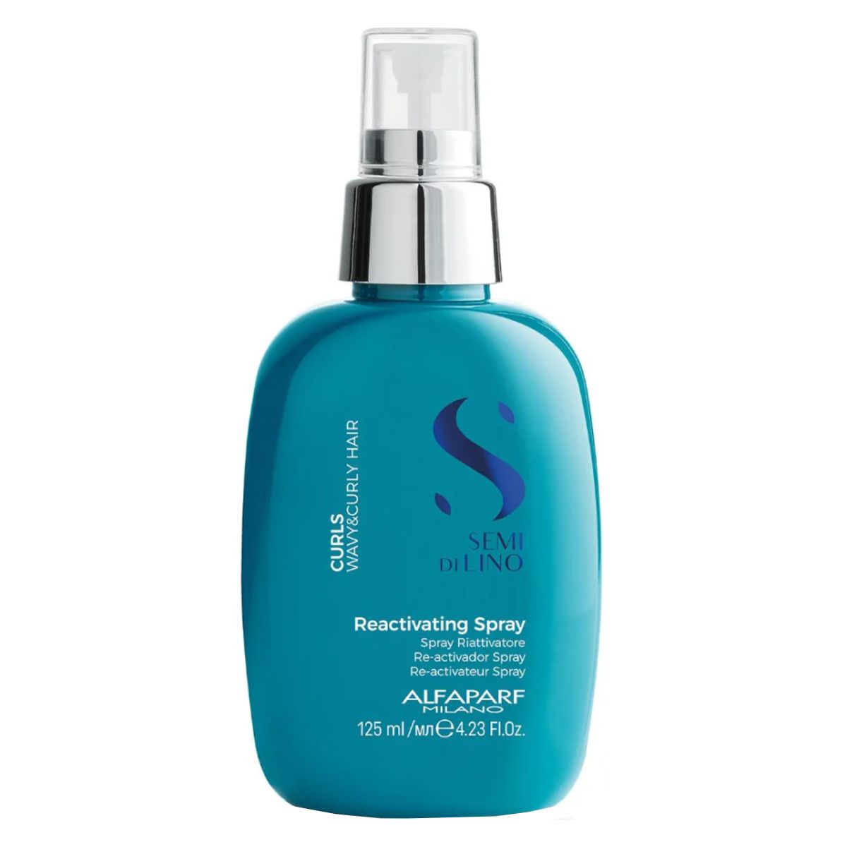 Flacon spray turquoise avec pompe argentée. Contient le spray réactivateur Alfaparf Semi di Lino.