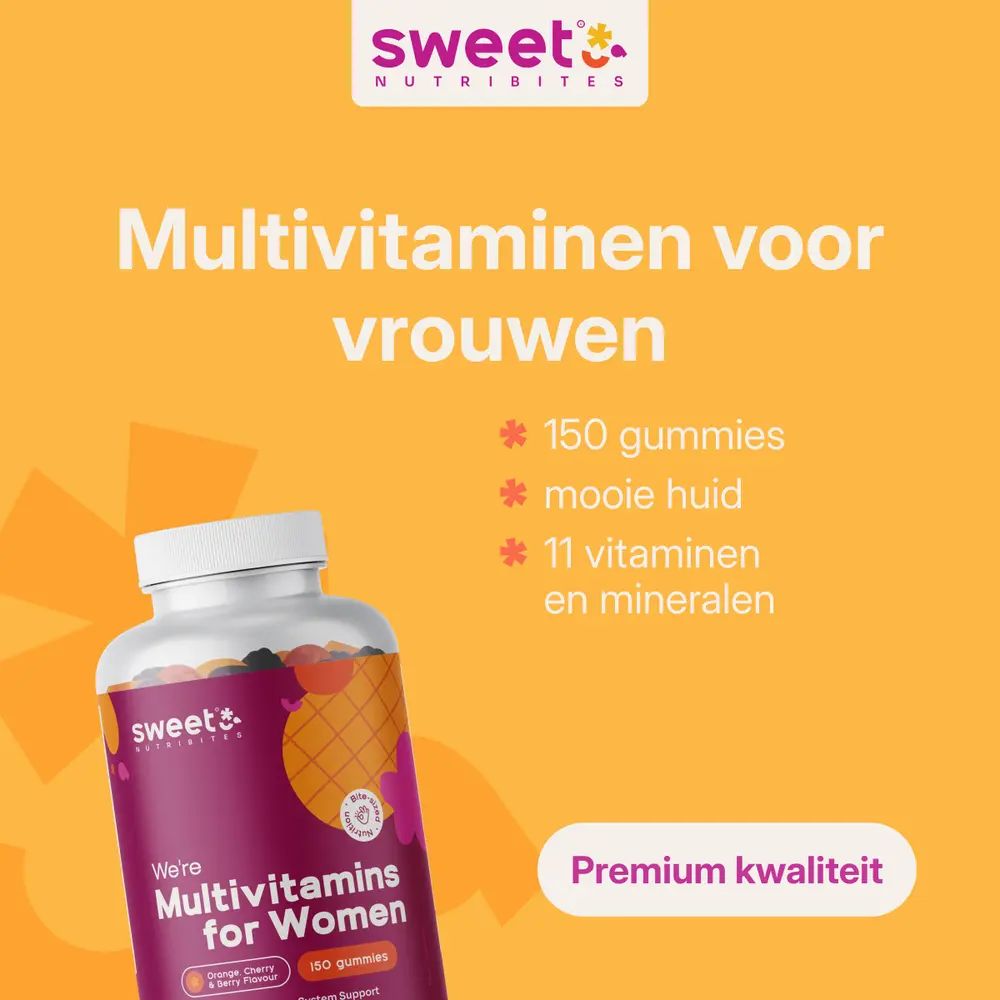 Sweet Nutribites Multivitamine voor vrouwen. Fles en tekst: Multivitamine voor vrouwen. 150 gummies, mooie huid, 11 vitaminen.
