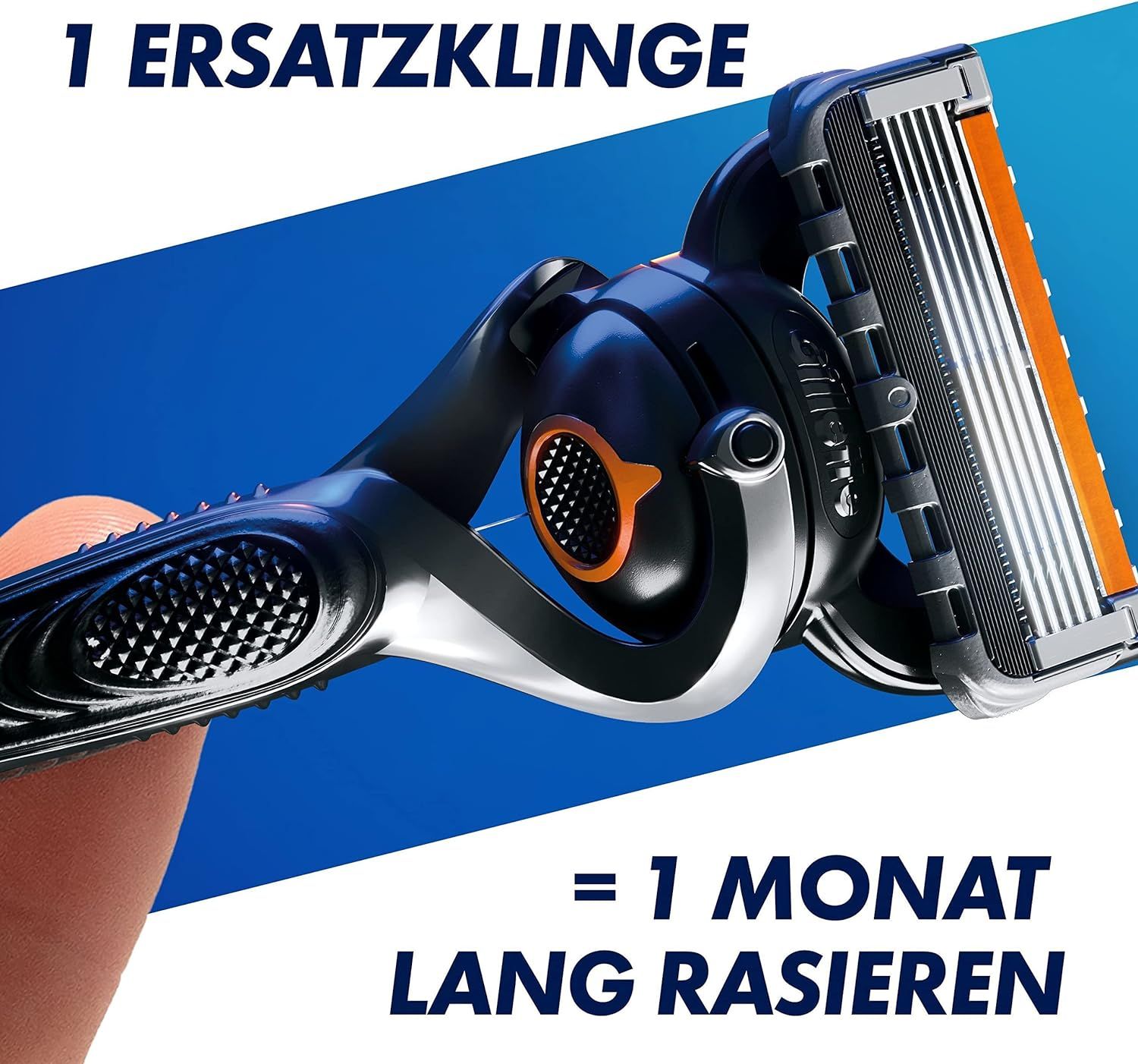 Gillette ProGlide scheermes met een vervangend mesje. Tekst: 1 mesje = 1 maand scheren.