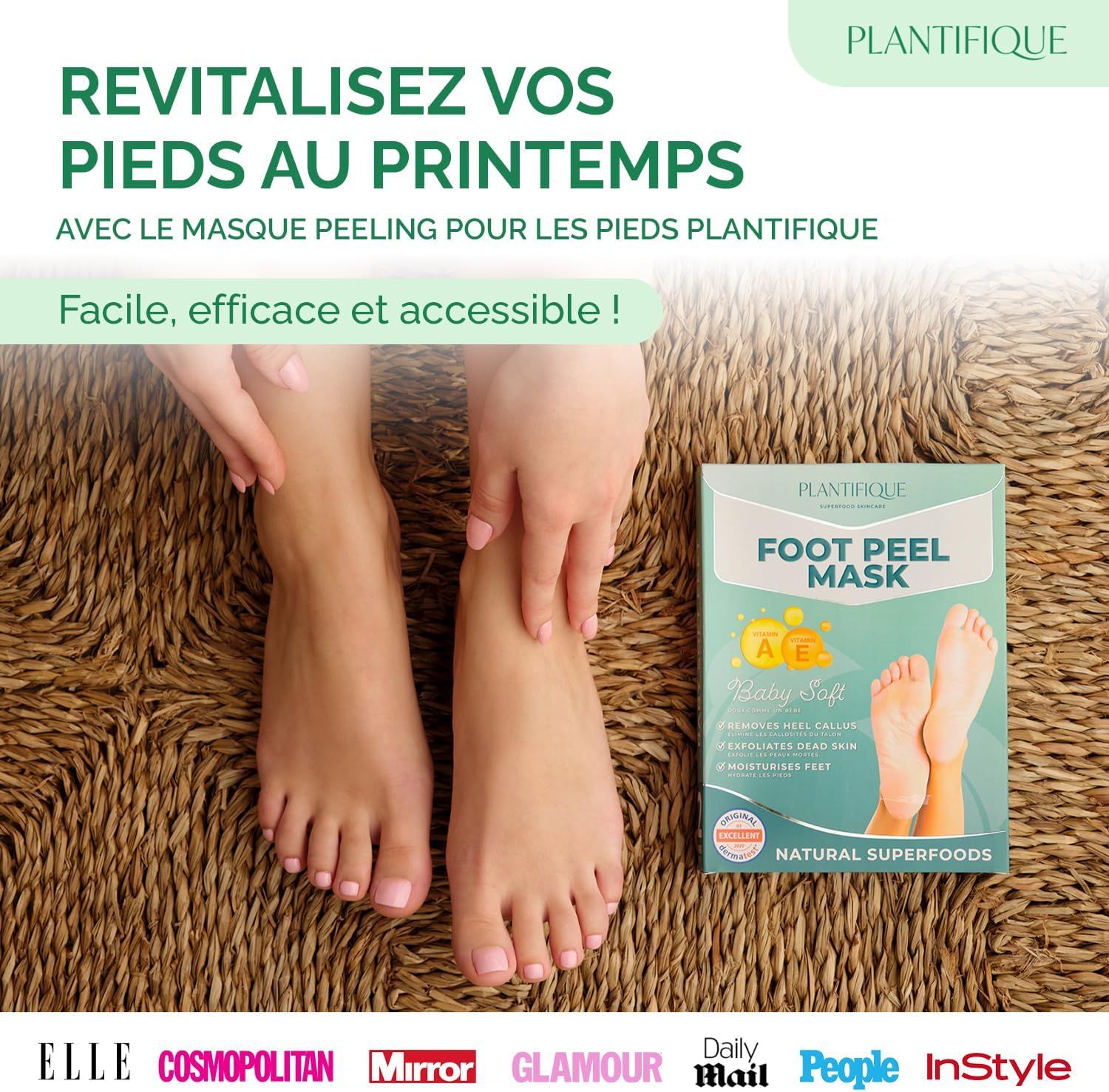 Emballage pour masque peeling pour les pieds, marqué 'Foot Peel Mask' et 'Plantiifique'.