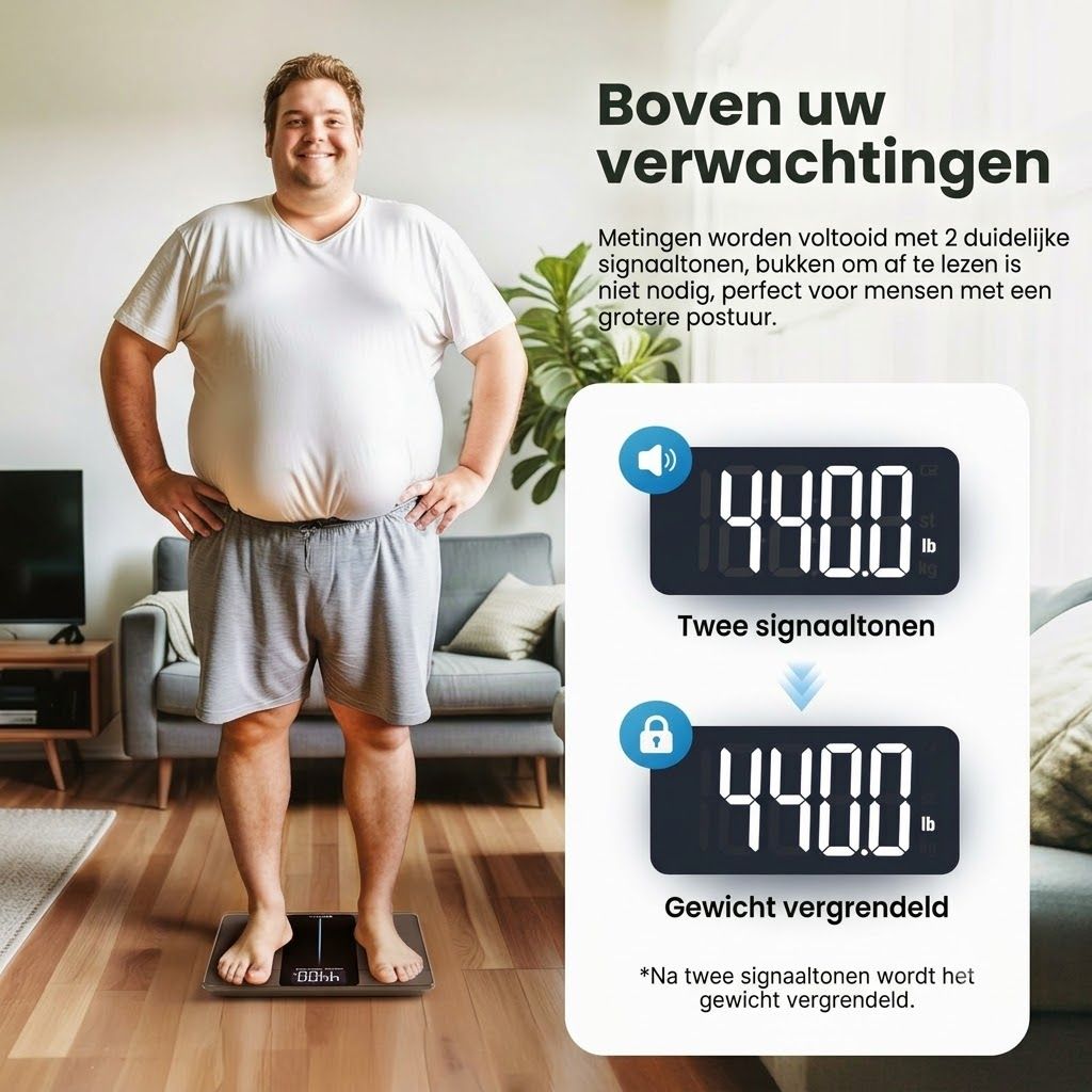Een man staat op een digitale personenweegschaal. De weegschaal toont 440.0.