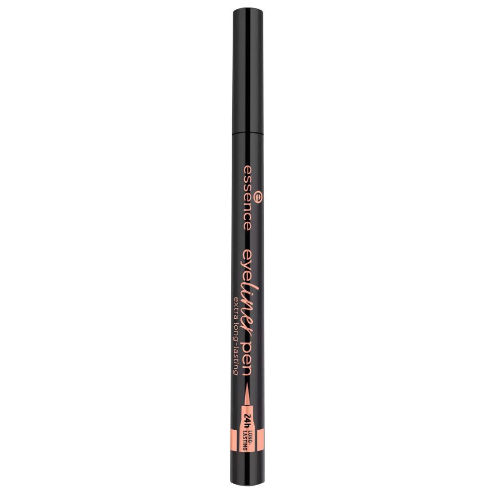 Stylo eyeliner noir. Inscription: essence eyeliner pen extra long-lasting. Pointe et base cuivrées.