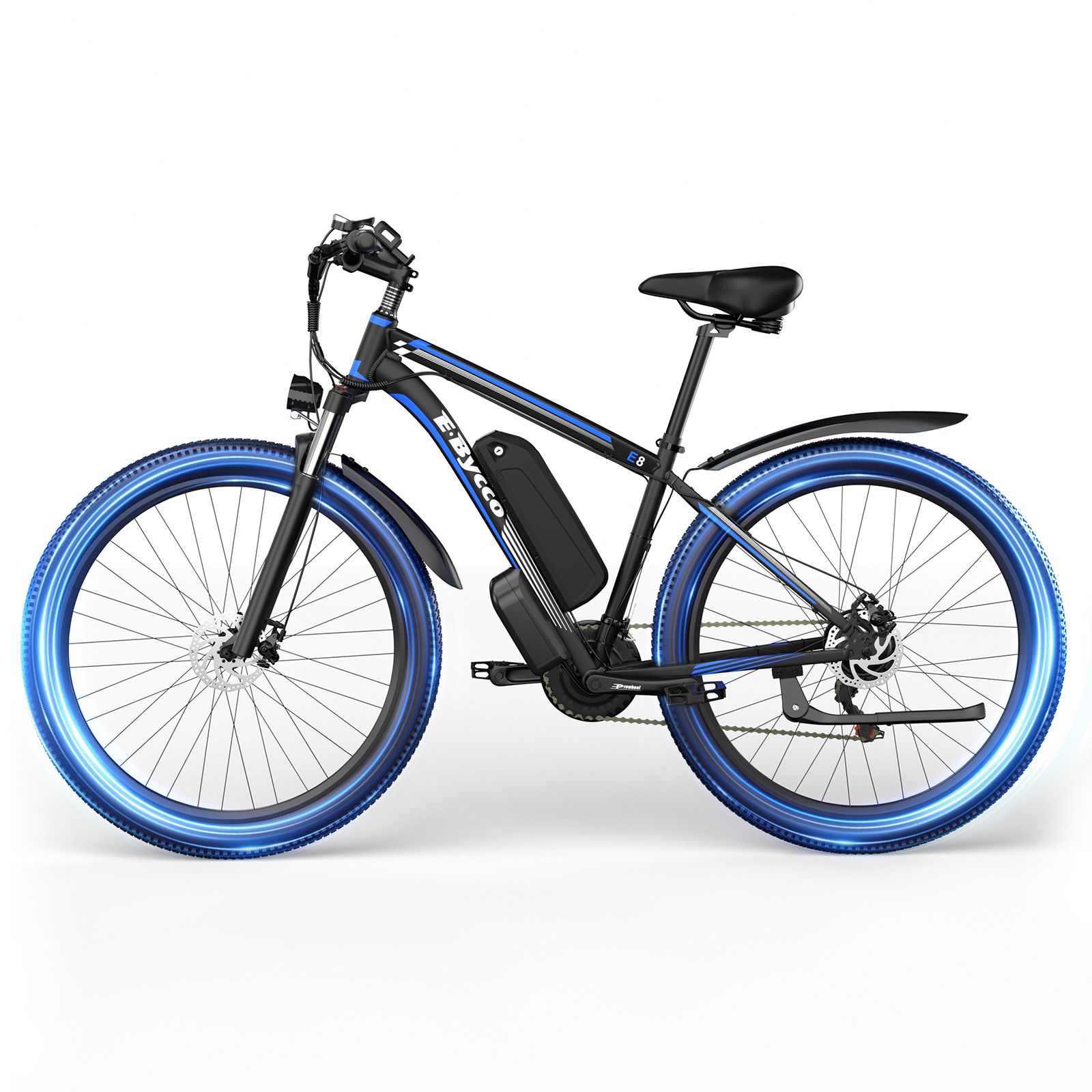 Vélo électrique avec jantes bleues et cadre noir. Logo E·Bycco. Batterie noire. Accents bleus.