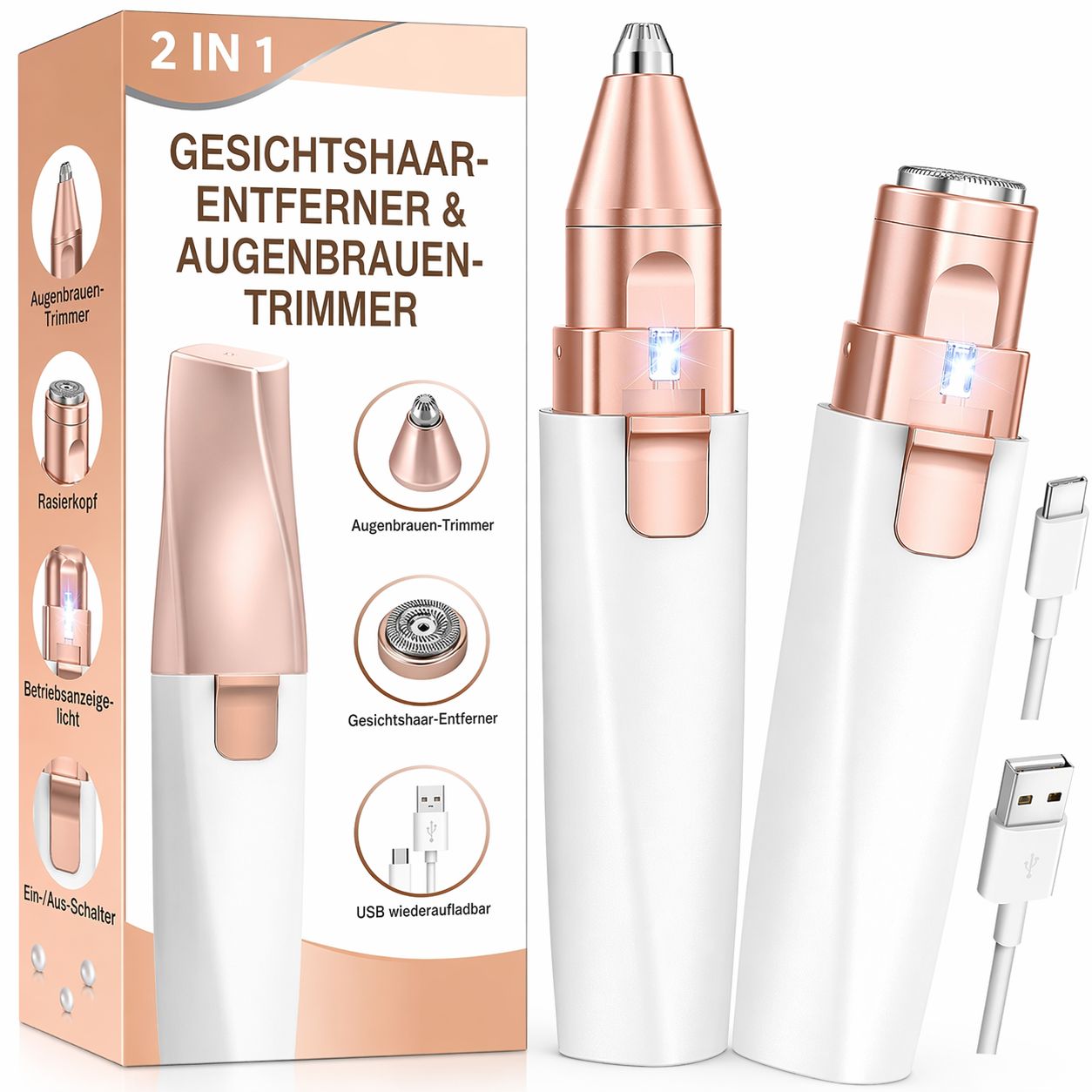 Appareil 2 en 1. Épilateur facial et tondeuse à sourcils. Boîtier blanc, accents dorés. Accessoires : tête de rasage, câble USB.