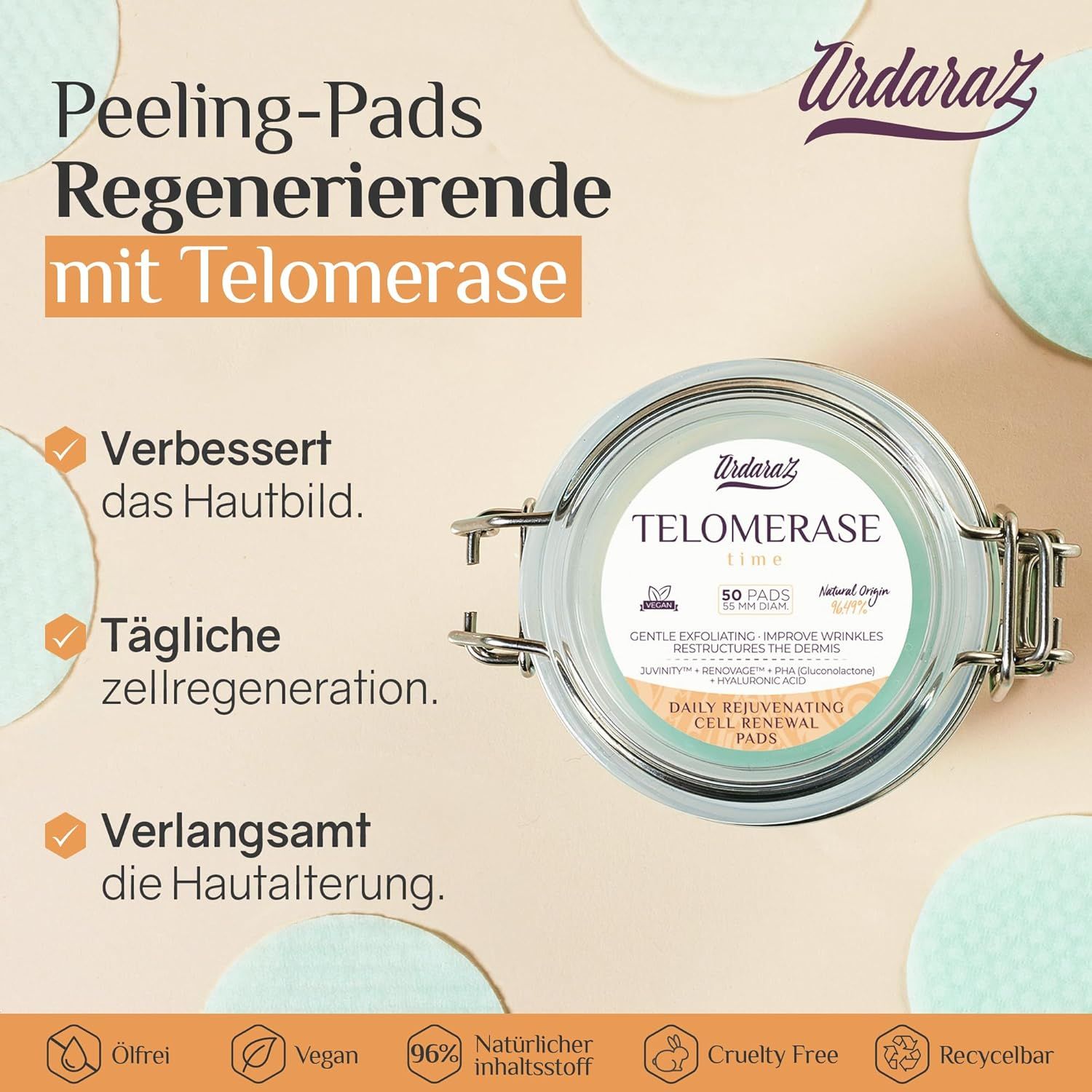 Disques Ardaraz de renouvellement cellulaire à la télomérase dans un pot en verre.