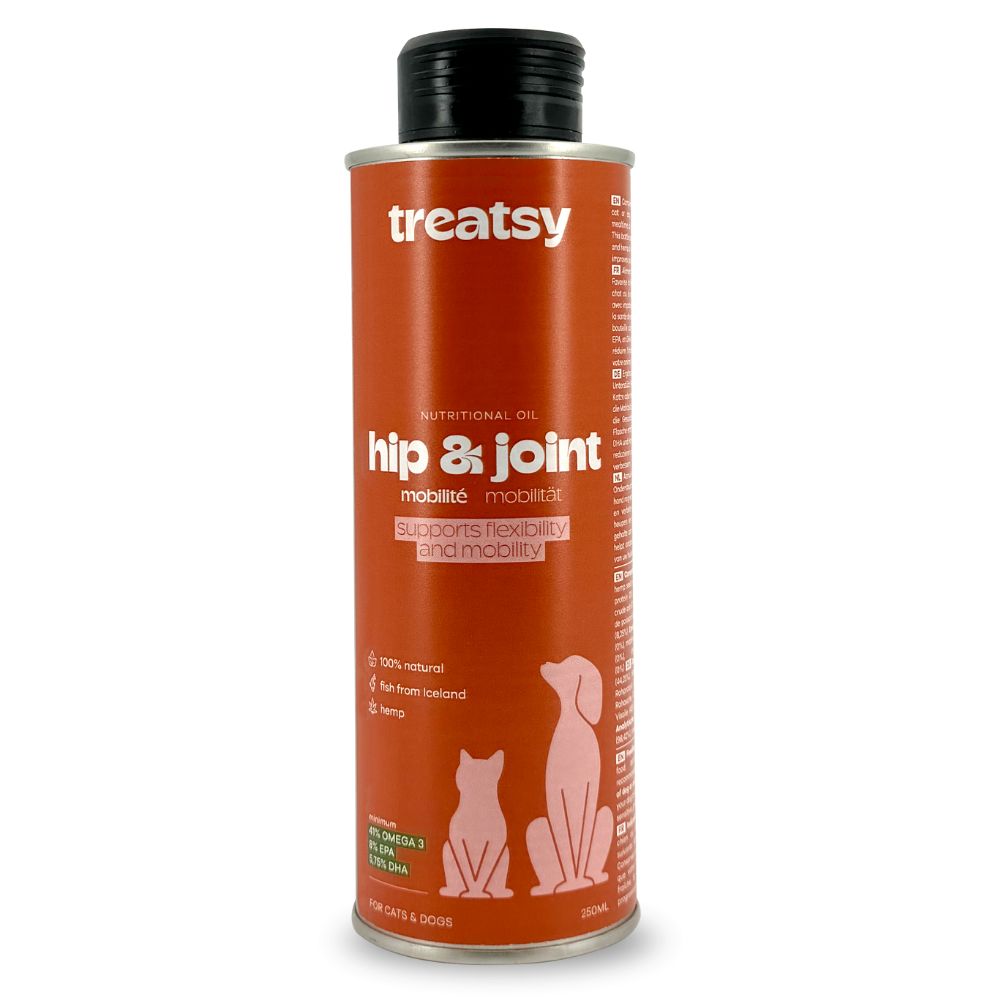 Cilindervormige bus met zwarte deksel. Opschrift: Treatsy, hip & joint, Mobiliteit. Illustraties van hond en kat. 250 ml.