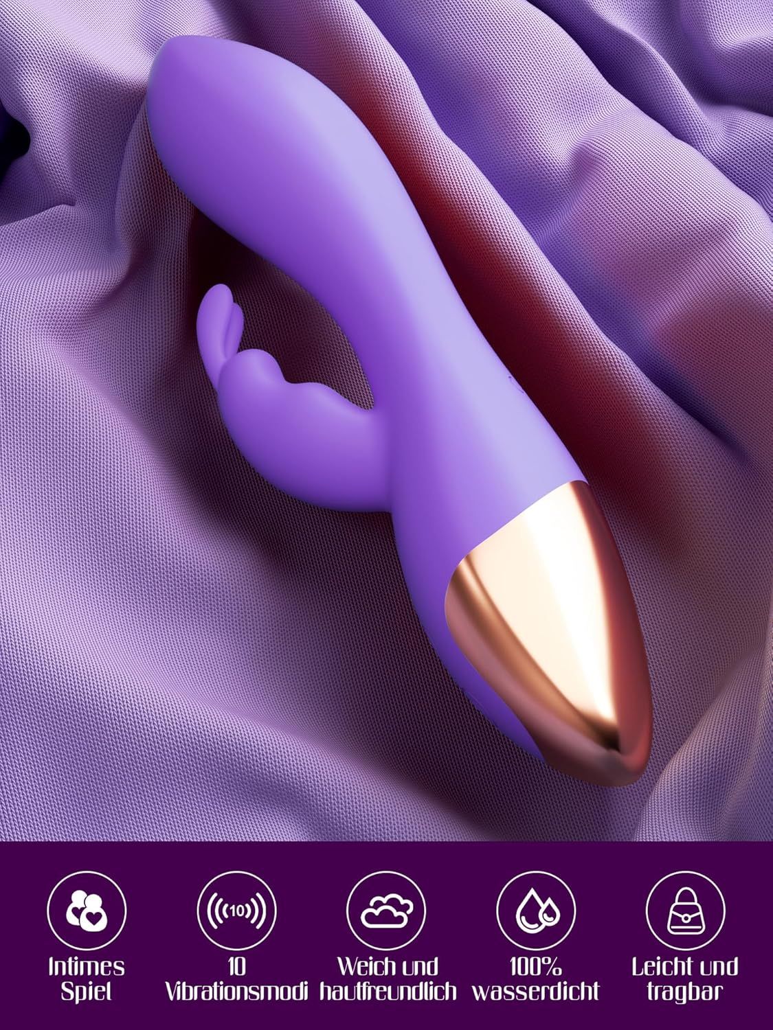 Paarse vibrator met gouden punt op paarse stof, met iconen voor huidvriendelijkheid en waterdichtheid.