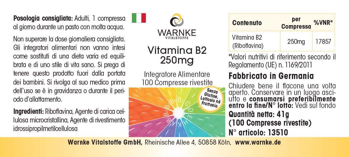 Étiquette avec informations produit. Inscription: Vitamine B2 250mg, Warnke. Contient 100 comprimés. Fabriqué en Allemagne.