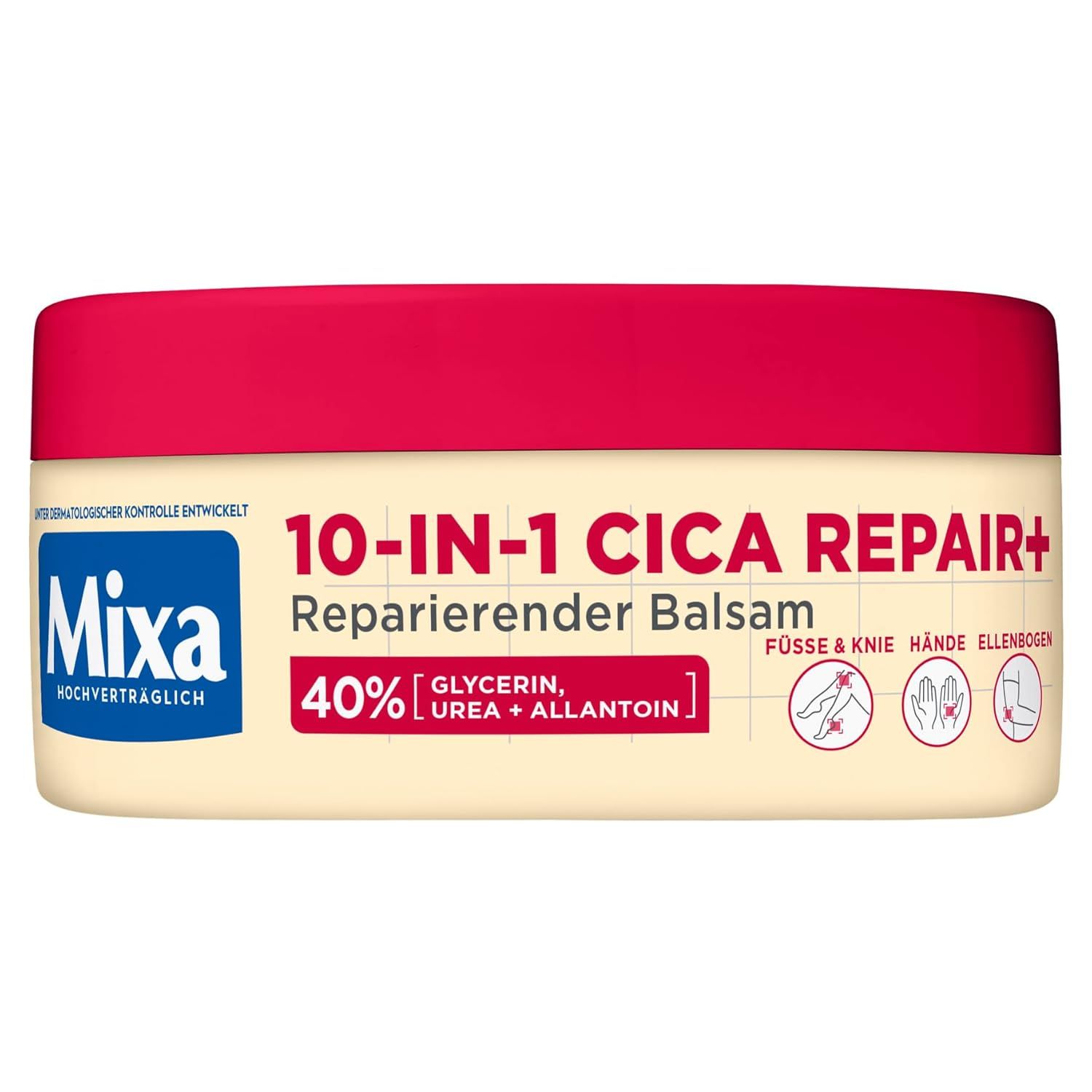 Potje Mixa 10-in-1 Cica Repair+ Balsam. Bevat glycerine, ureum en allantoïne. Rode en witte verpakking.
