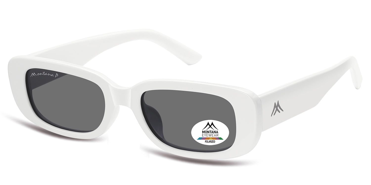 Zonnebril met wit montuur en grijze glazen. Logo "Montana Eyewear" op de poot en het glas.