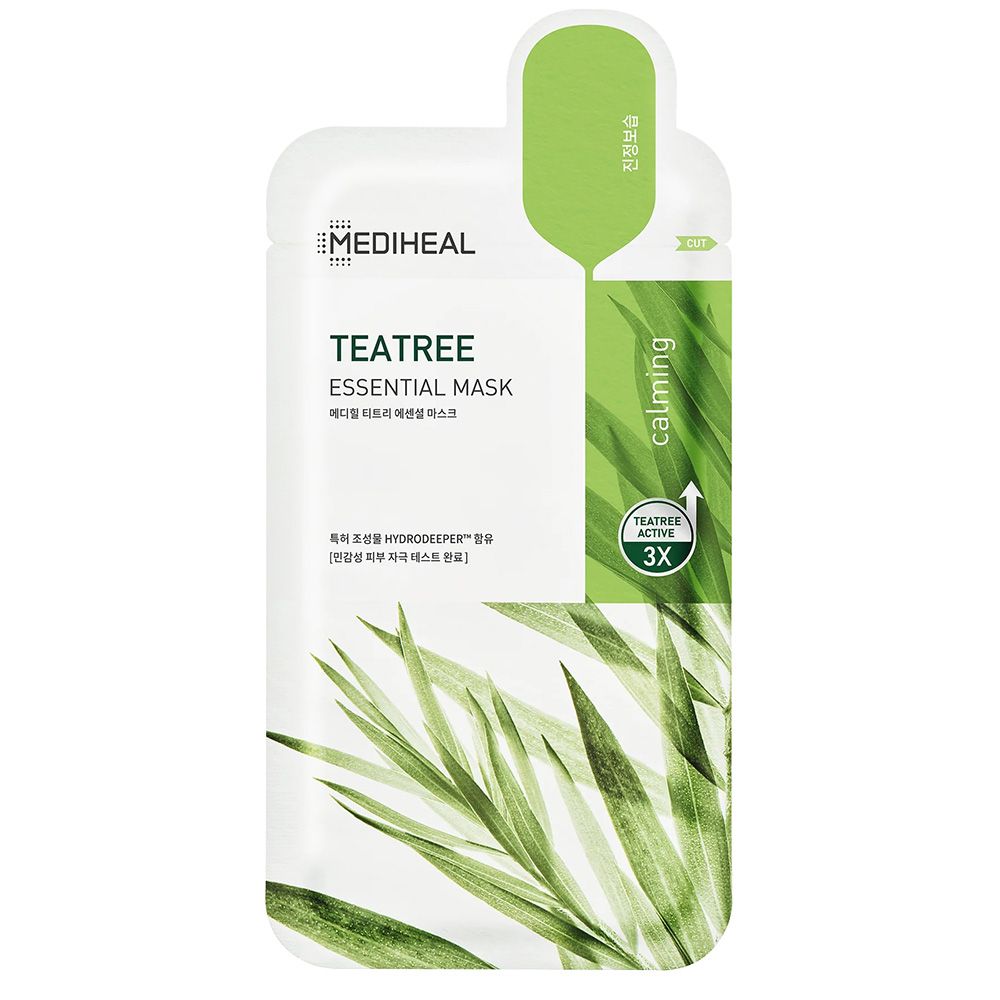 Emballage blanc avec accents verts. Inscription: Tea Tree Essential Mask. Illustration de feuilles de théier. Bande verte avec texte.