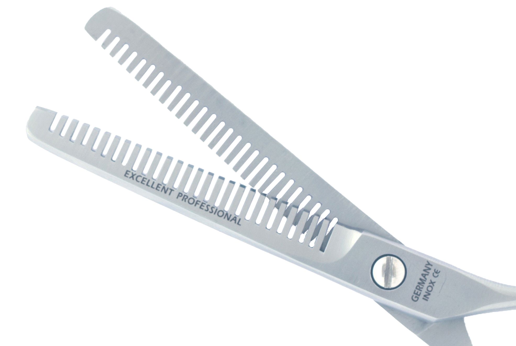 Ciseaux effileurs, dentelés des deux côtés. Acier inoxydable. Inscription "EXCELLENT PROFESSIONAL". Gravure "GERMANY INOX CE".