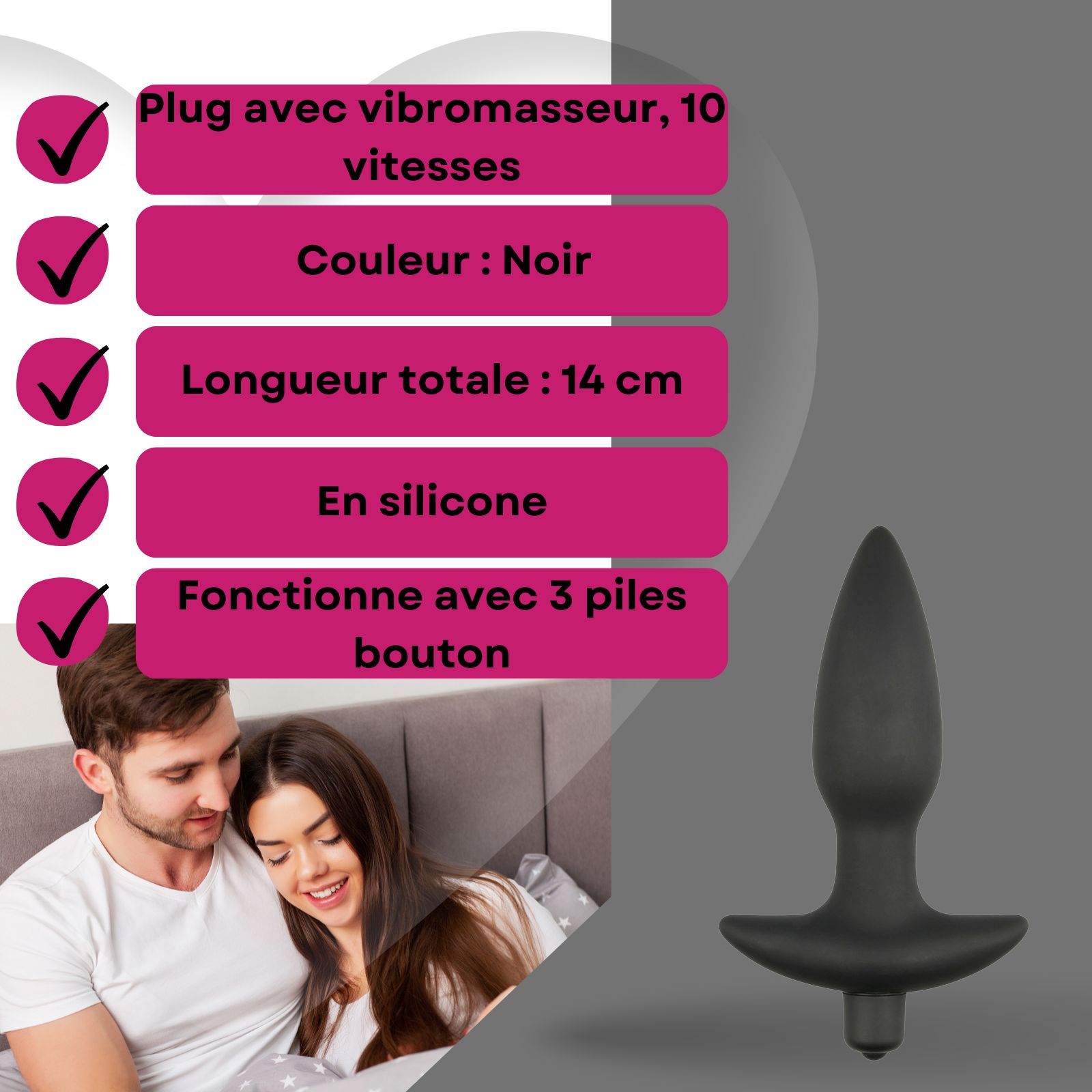 Image produit avec texte: Plug avec vibrateur, 10 vitesses, couleur: noir, 14 cm de long, en silicone, nécessite piles. Couple en arrière-plan.