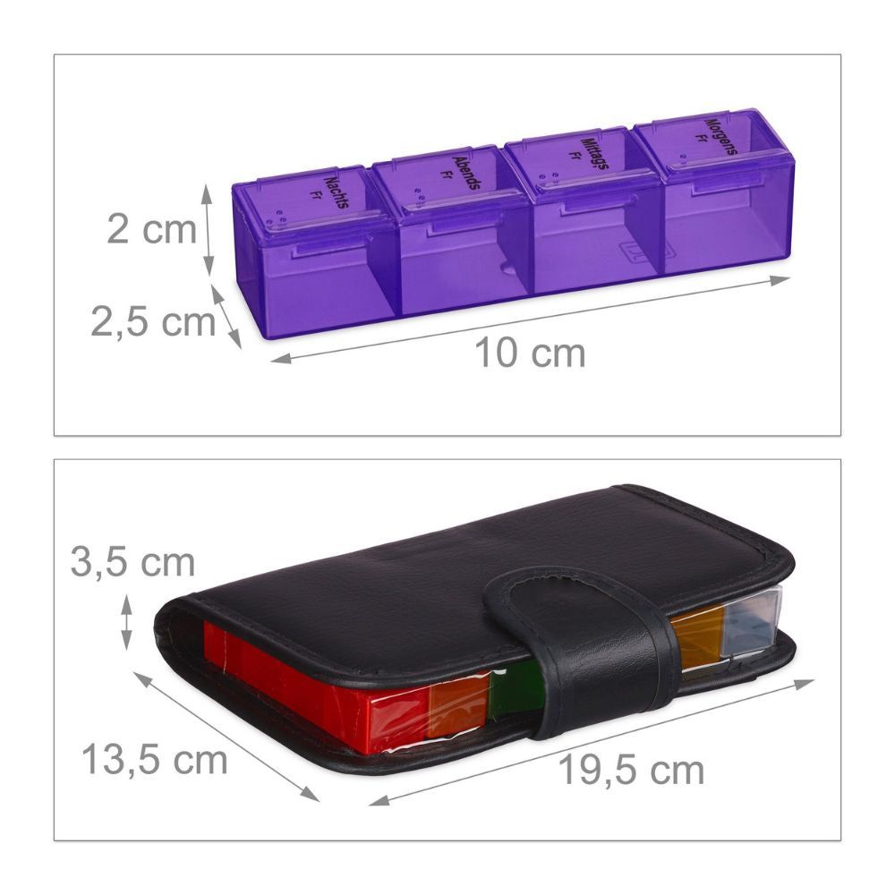 Pillendoos en etui met afmetingen. Doos: 10x2,5x2 cm. Etui: 19,5x13,5x3,5 cm. Zwarte leren etui.