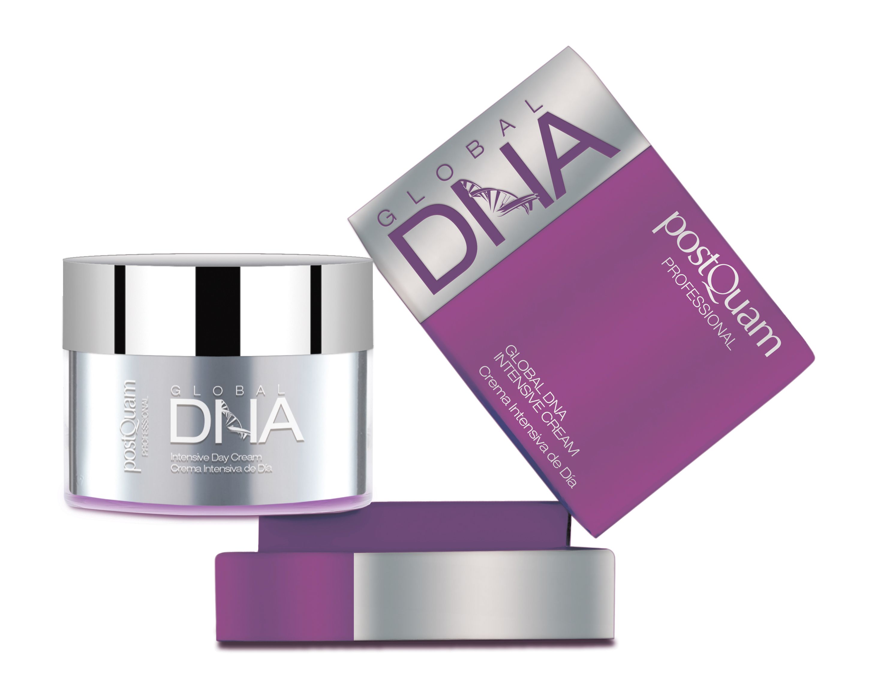 Crèmepot en verpakking. Productnaam: Global DNA Intensive Day Cream. Merk: Postquam. Paarse verpakking.
