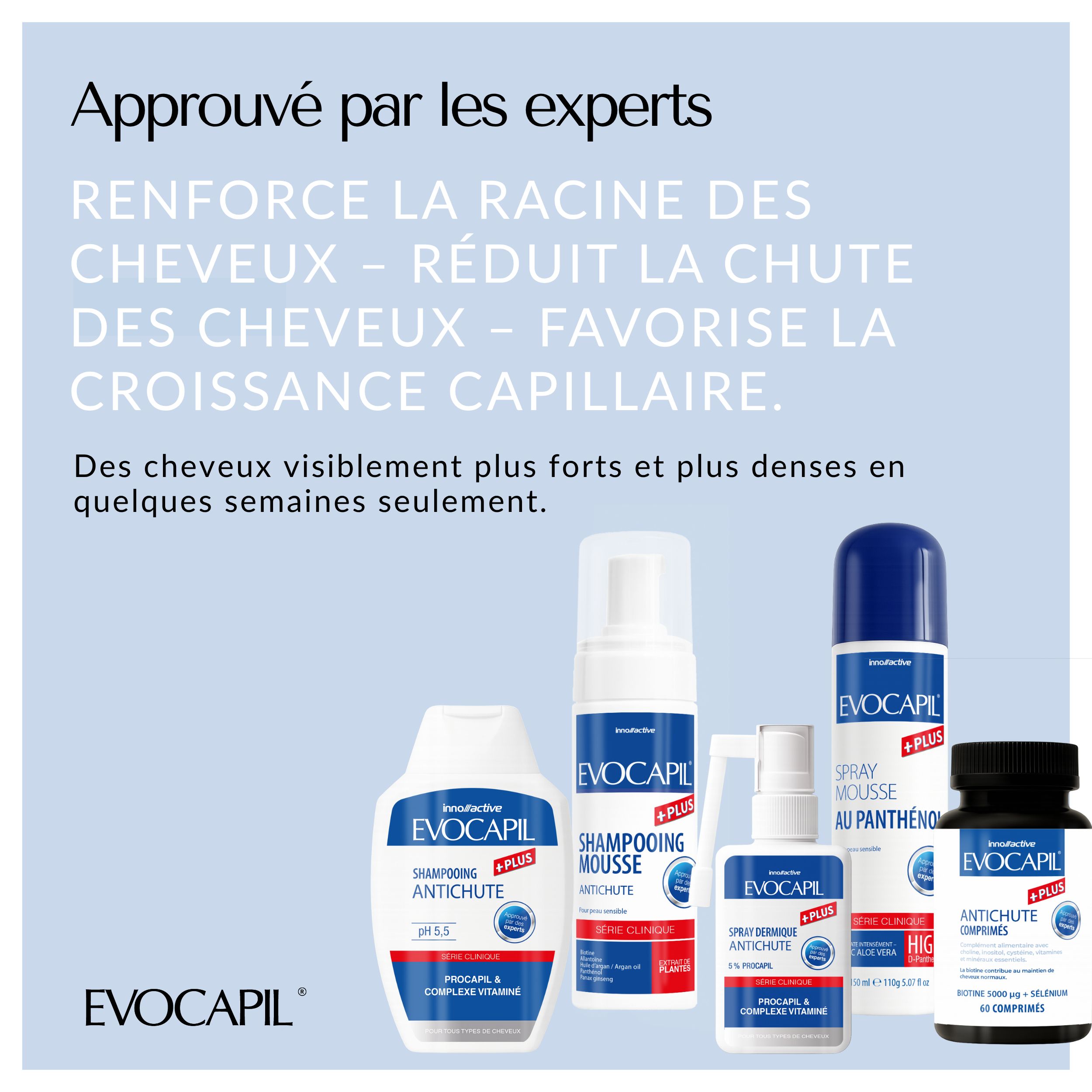 Différents produits Evocapil Plus : Shampooing, mousse, spray, comprimés. Expert approuvé. Renforce la racine.