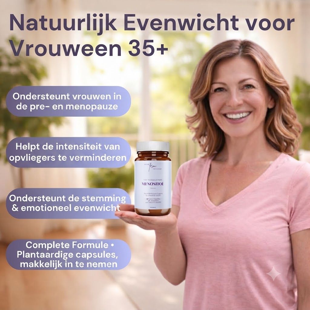 Vrouw houdt een flesje met capsules vast. Etiket: 'MENOSHOI'.