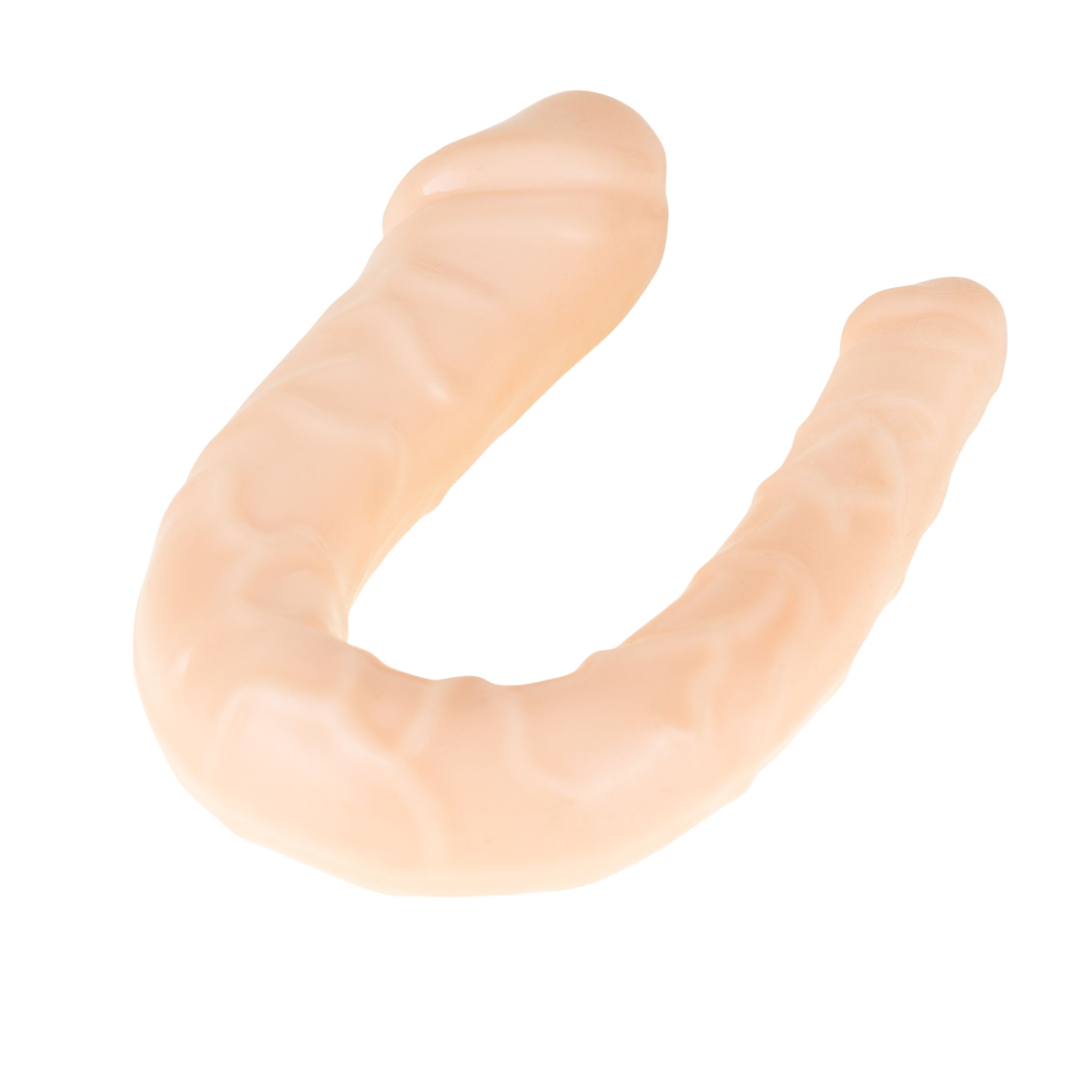 Sextoy beige en forme de U. Surface cannelée. Sur fond blanc.