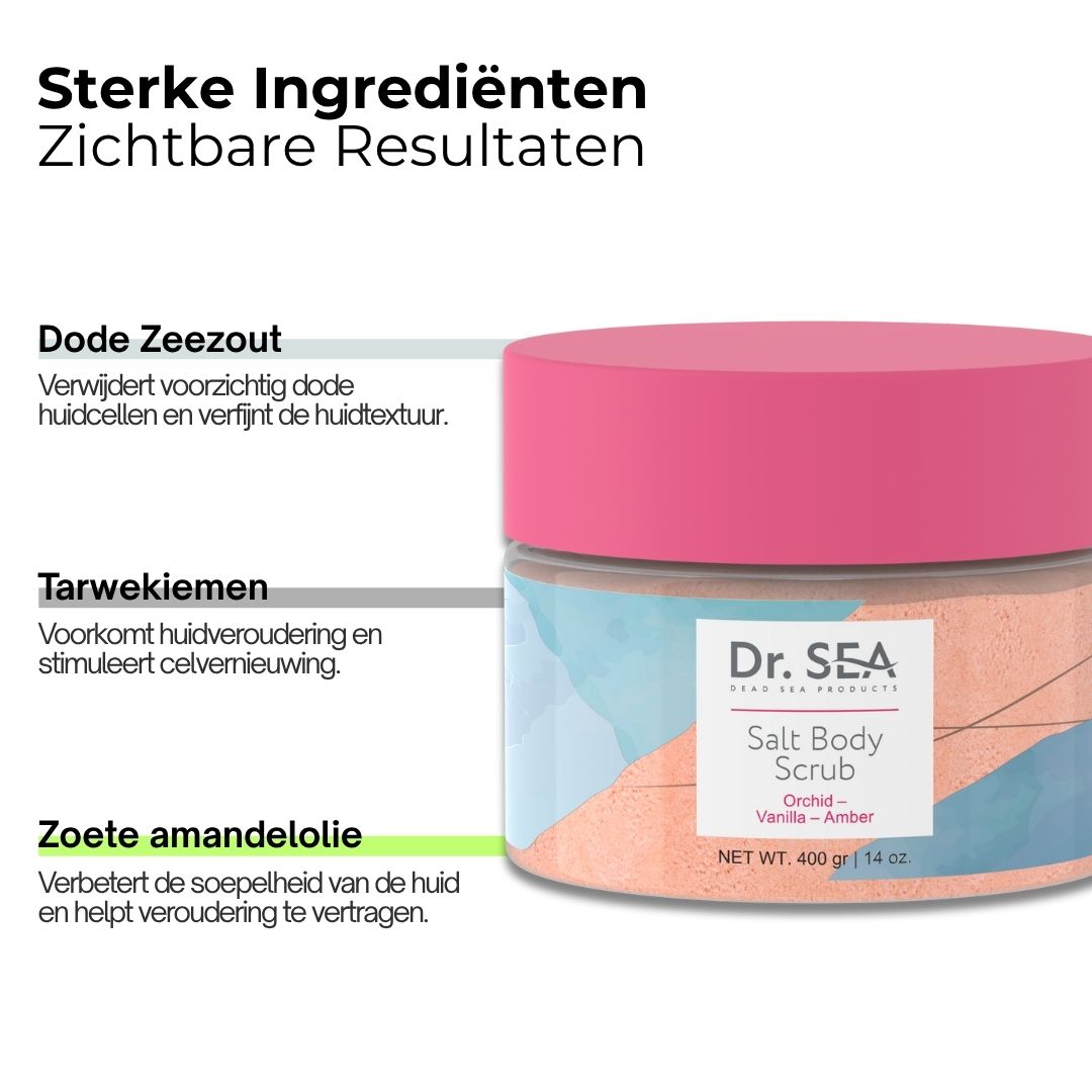 Product: Dr. SEA Salt Body Scrub. Tekst: Sterke ingrediënten, zichtbare resultaten. Ingrediënten: Dode Zeezout, Tarwekiemen, Zoete amandelolie.
