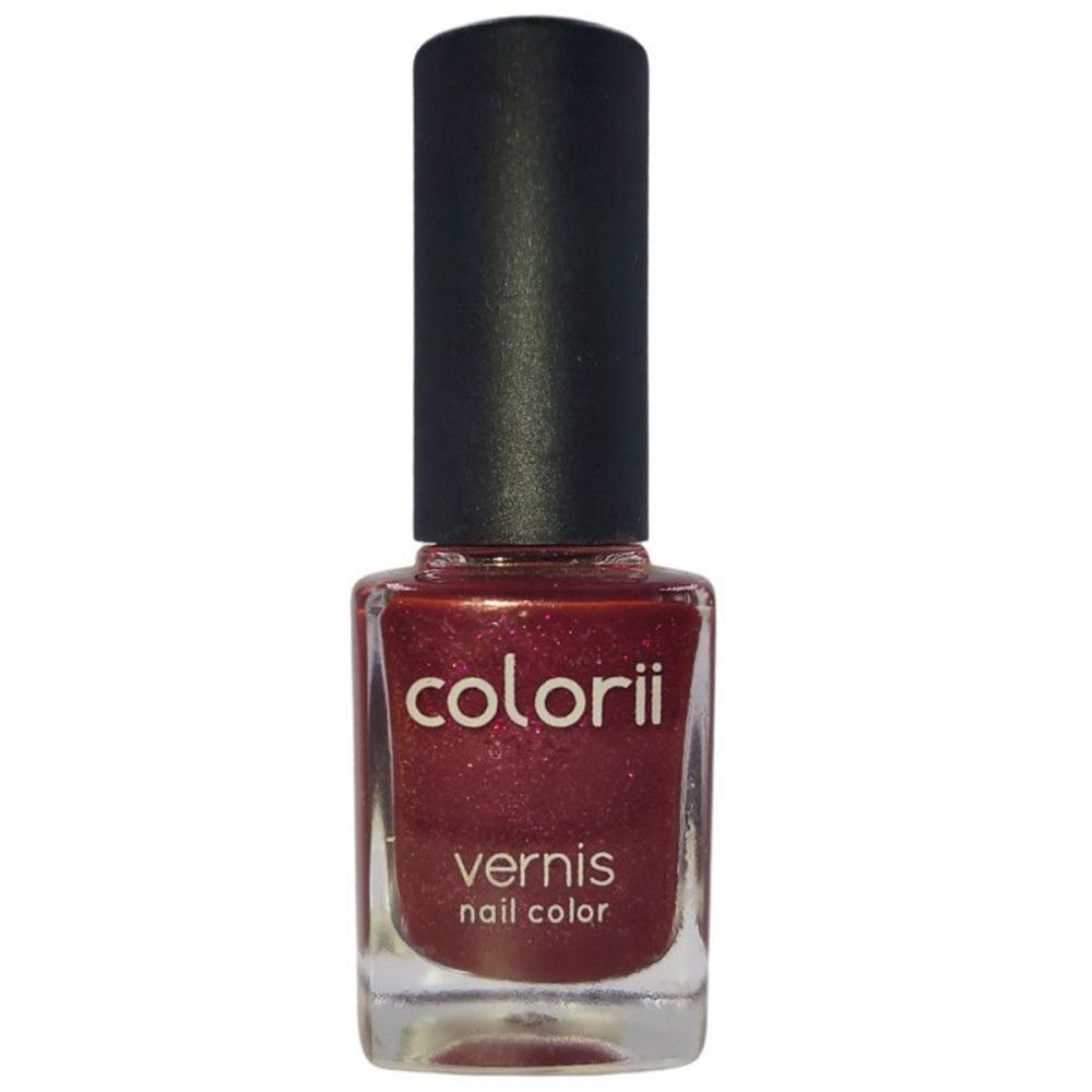 Flacon de vernis à ongles rouge foncé. Bouchon noir. Inscription : colorii, vernis, nail color.