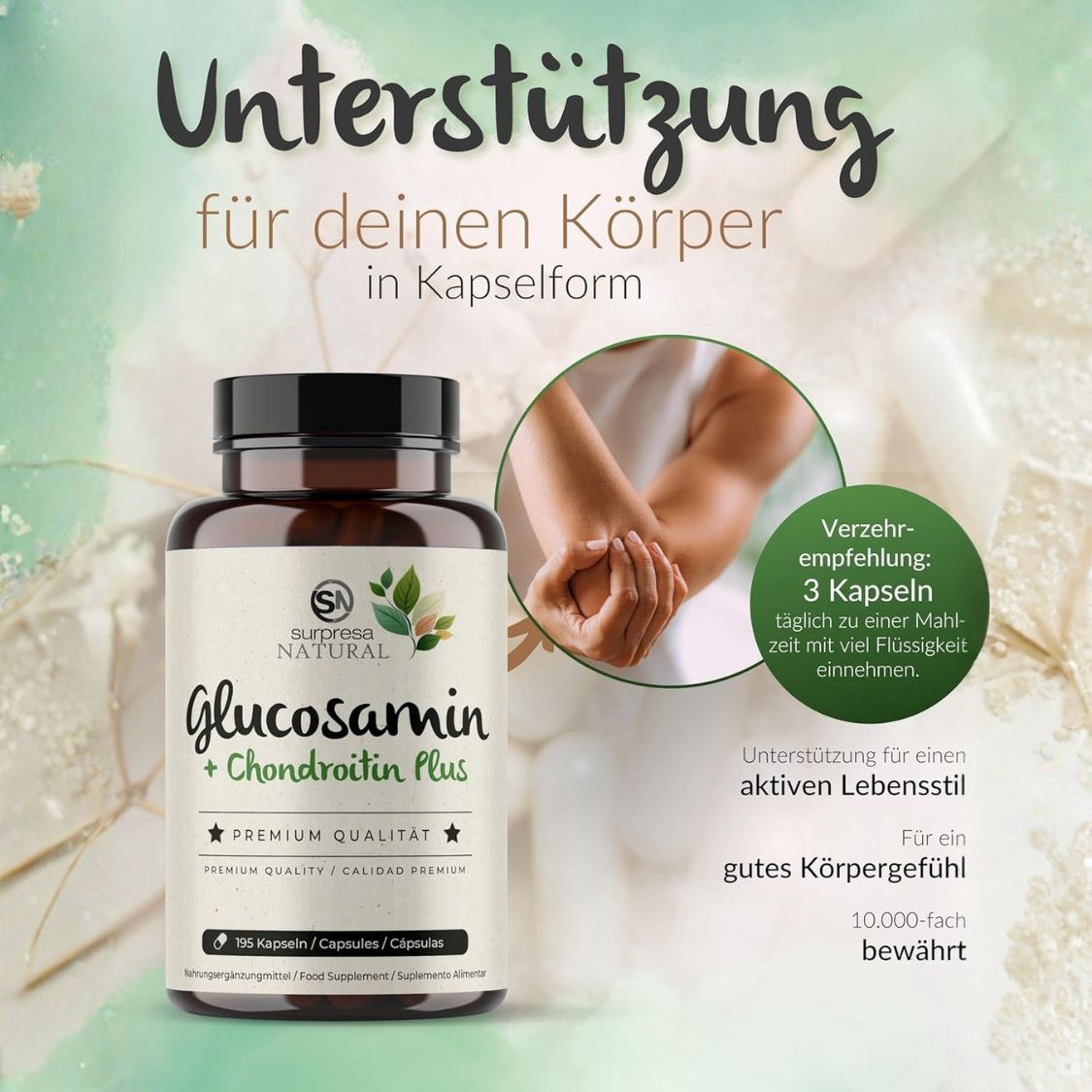 Fles Surpresa Natural Glucosamin + Chondroitin Plus naast een persoon met elleboogklachten.
