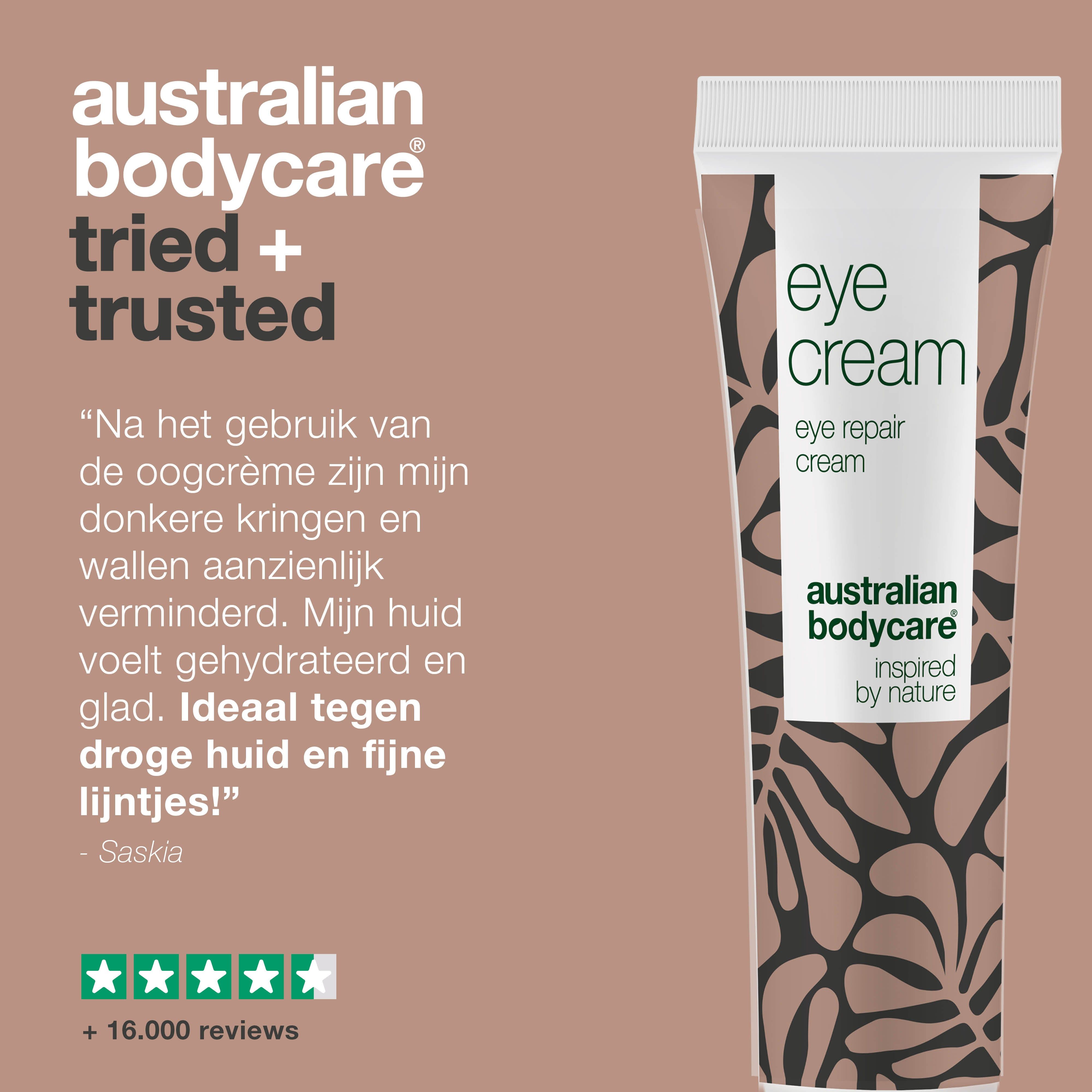 Advertentie: Australian Bodycare. Tube oogcrème. Citaat: donkere kringen en wallen verminderd. Beoordeling.