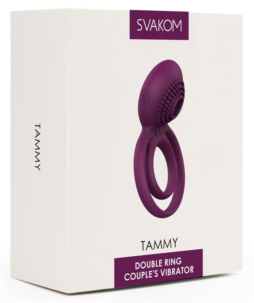 Verpakking met product. SVAKOM-logo en naam TAMMY. Dubbele ring koppel vibrator. Paars product op witte achtergrond.