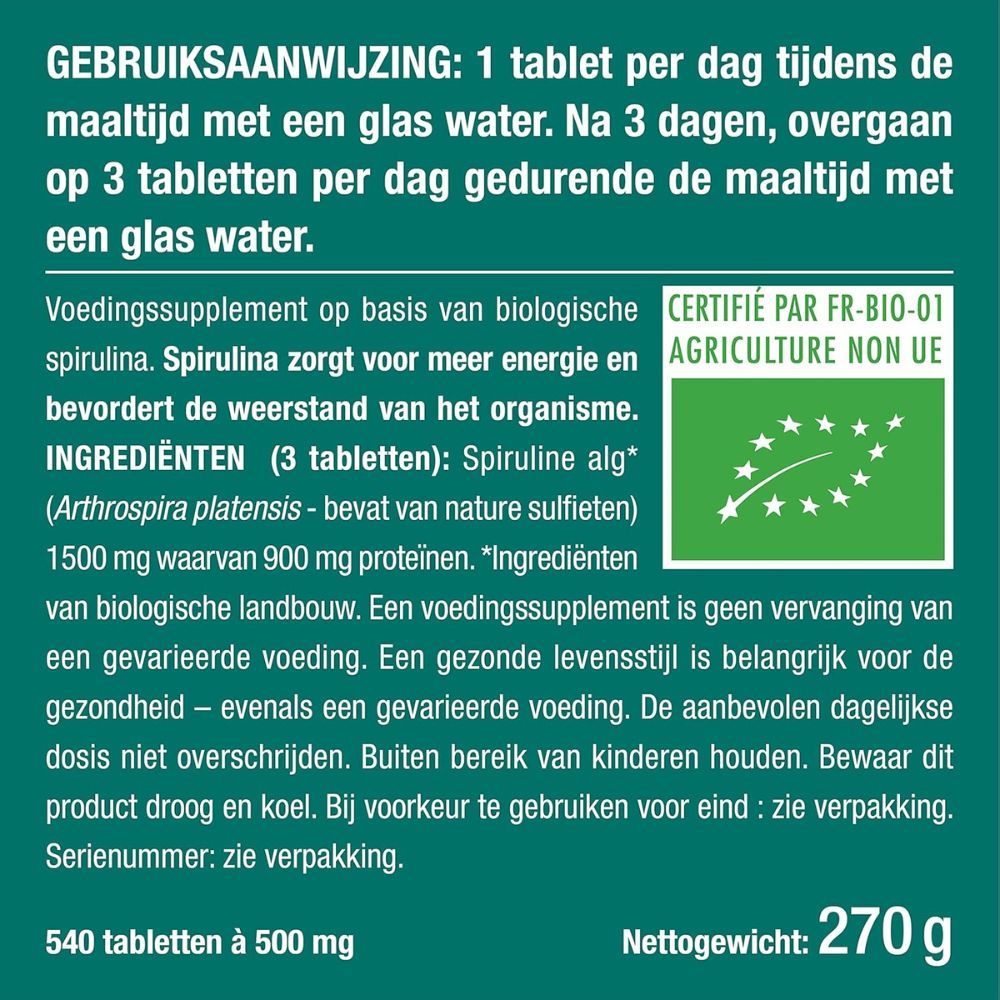 Instructies: 1 tablet met water. Ingrediënten: spirulina-algen. 540 tabletten van 500 mg. Nettogewicht: 270 g. Bio-certificering.