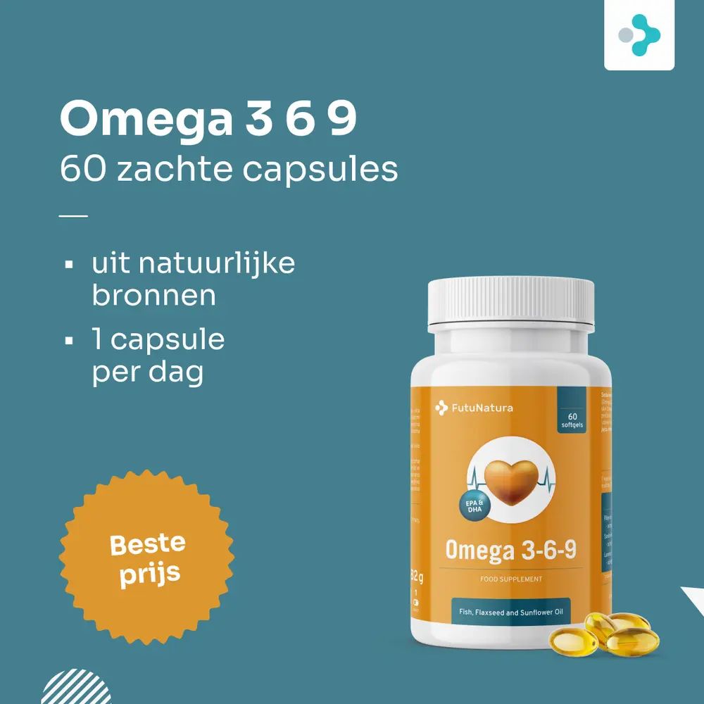 Fles Omega 3-6-9, 60 zachte capsules. Opschrift: Beste prijs. Tekst: Uit natuurlijke bronnen, 1 capsule per dag.