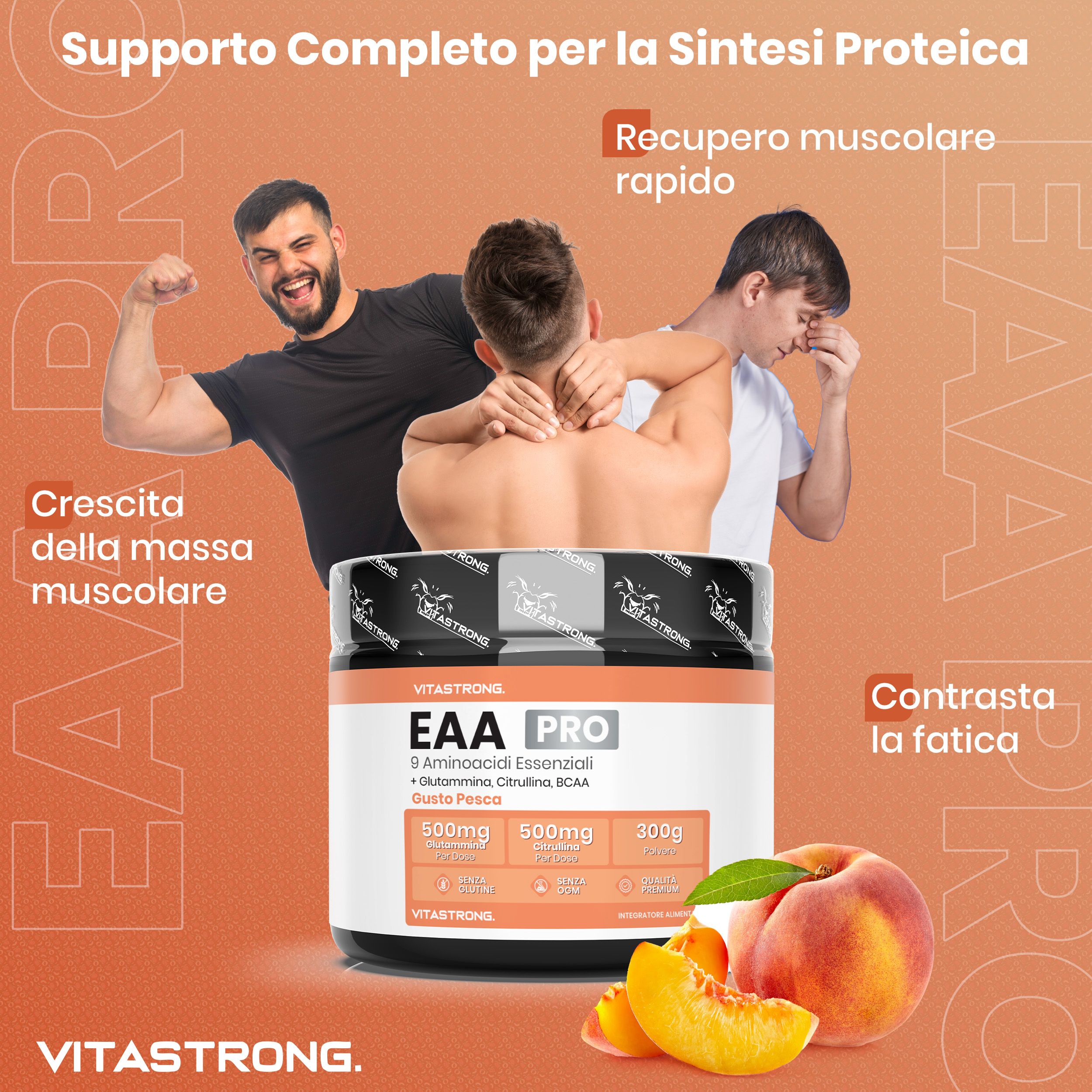 Vitastrong EAA Pro, pot. Hommes s'entraînent. Pêches. 9 acides aminés, glutamine, citrulline, BCAA. Croissance musculaire, récupération rapide.
