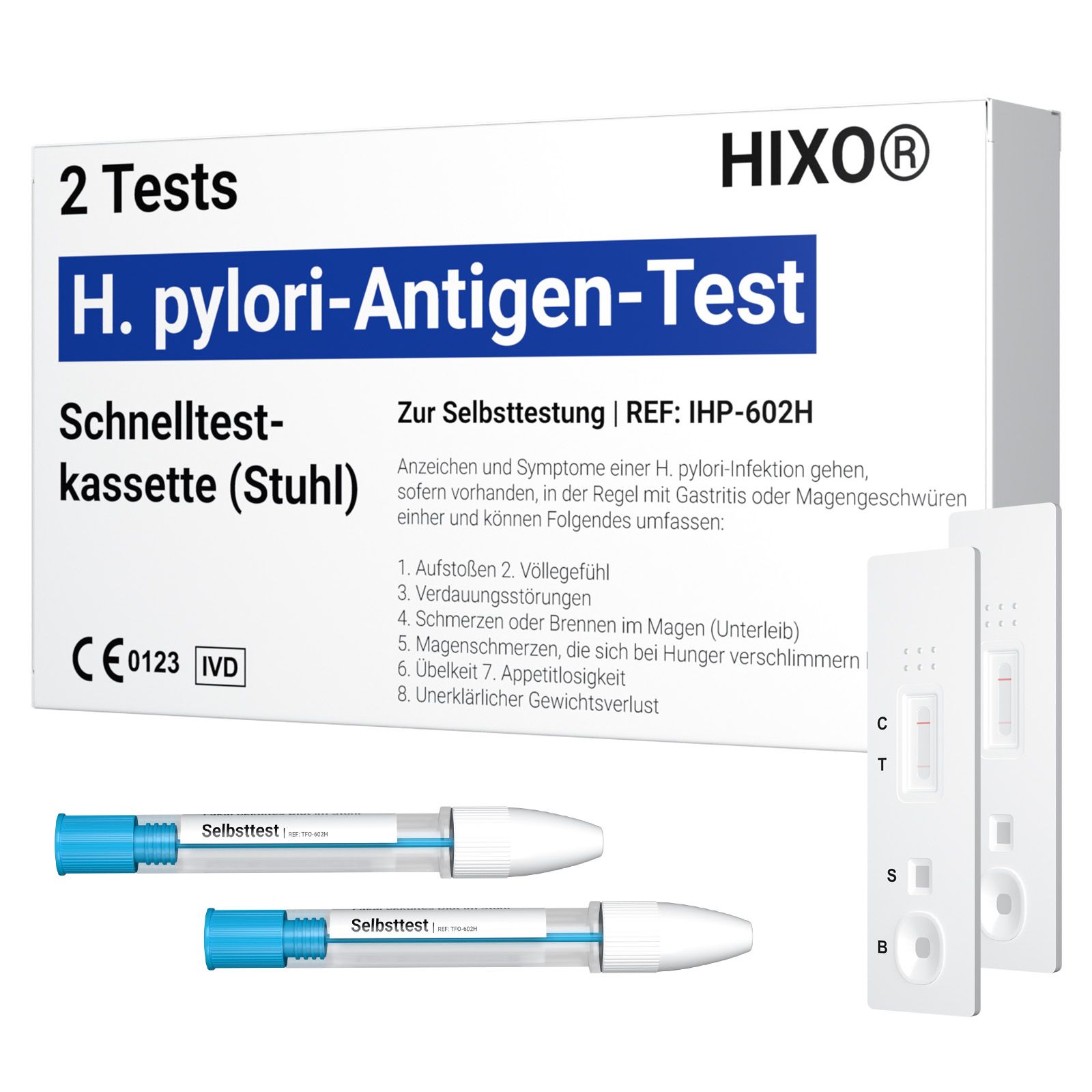 HIXO H. pylori-antigeentest. Twee testcassettes, twee monsterbuizen. CE-markering. Opschrift: sneltestcassette (feces).