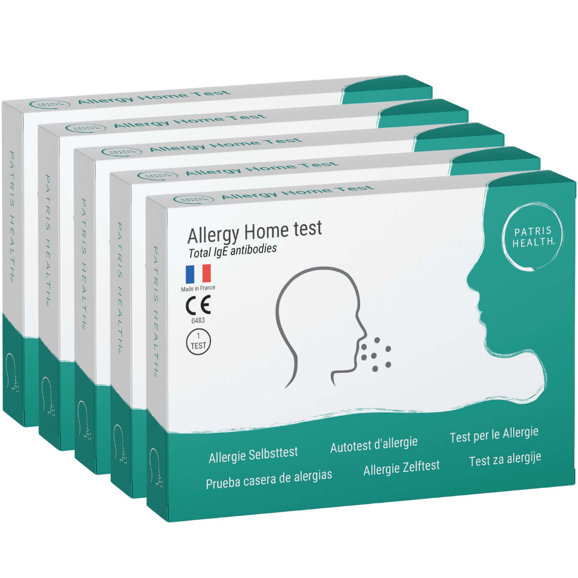 Plusieurs boîtes d'autotests d'allergie. Boîtes blanches avec texte et logo verts.