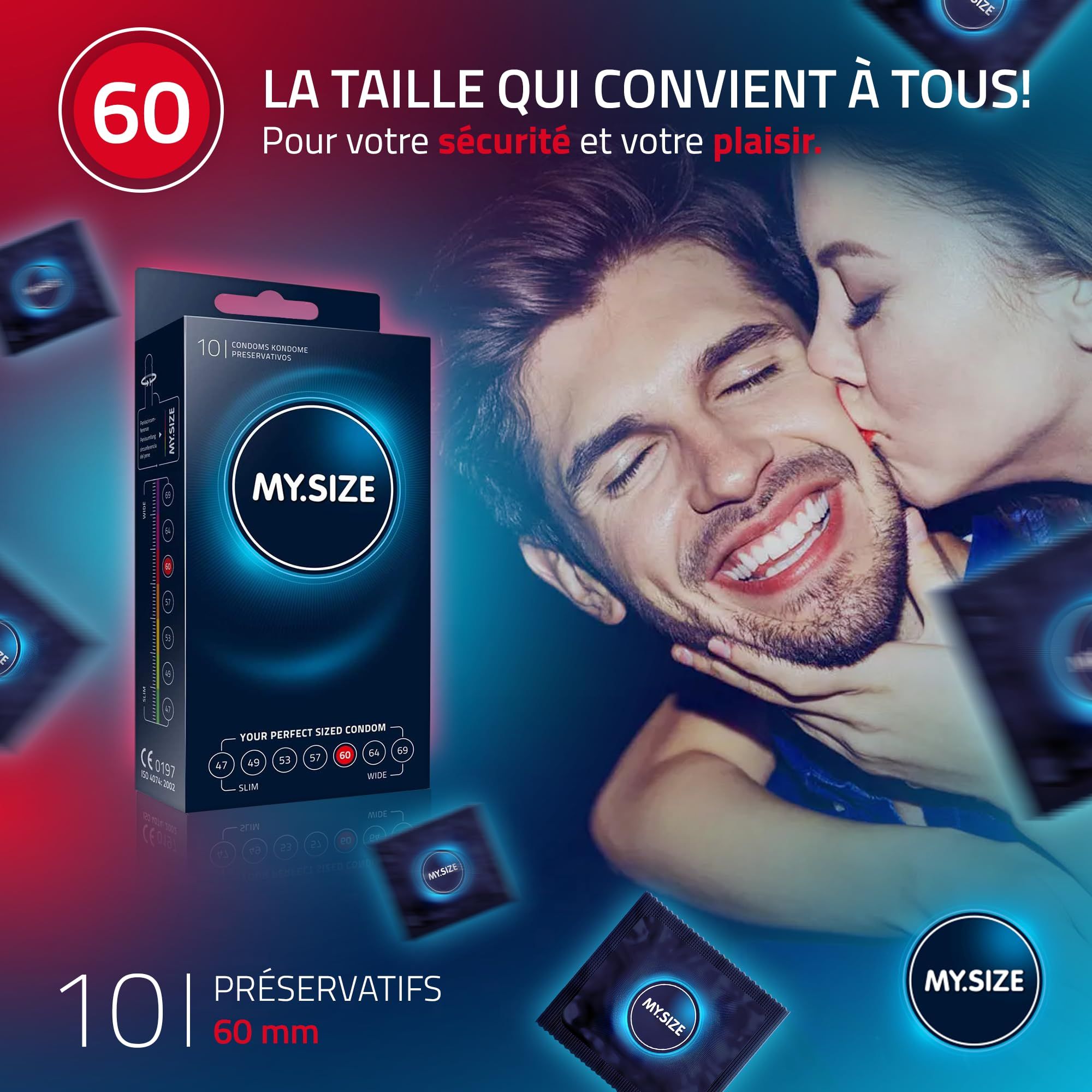 Boîte de 10 préservatifs MY.SIZE 60. Affiche le guide des tailles et le sceau CE.