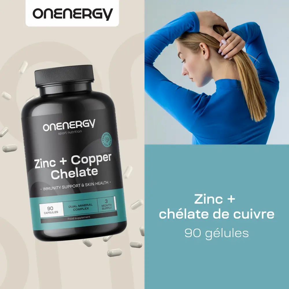 Bouteille Zinc + Chélate de Cuivre et femme. 90 gélules.