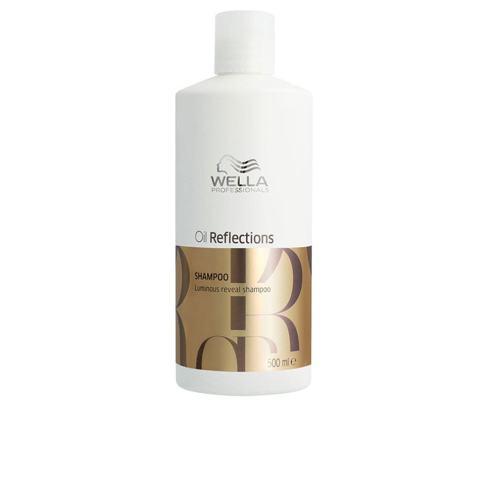 Witte fles Wella Oil Reflections shampoo. Gouden opdruk met productnaam en logo. 500 ml.