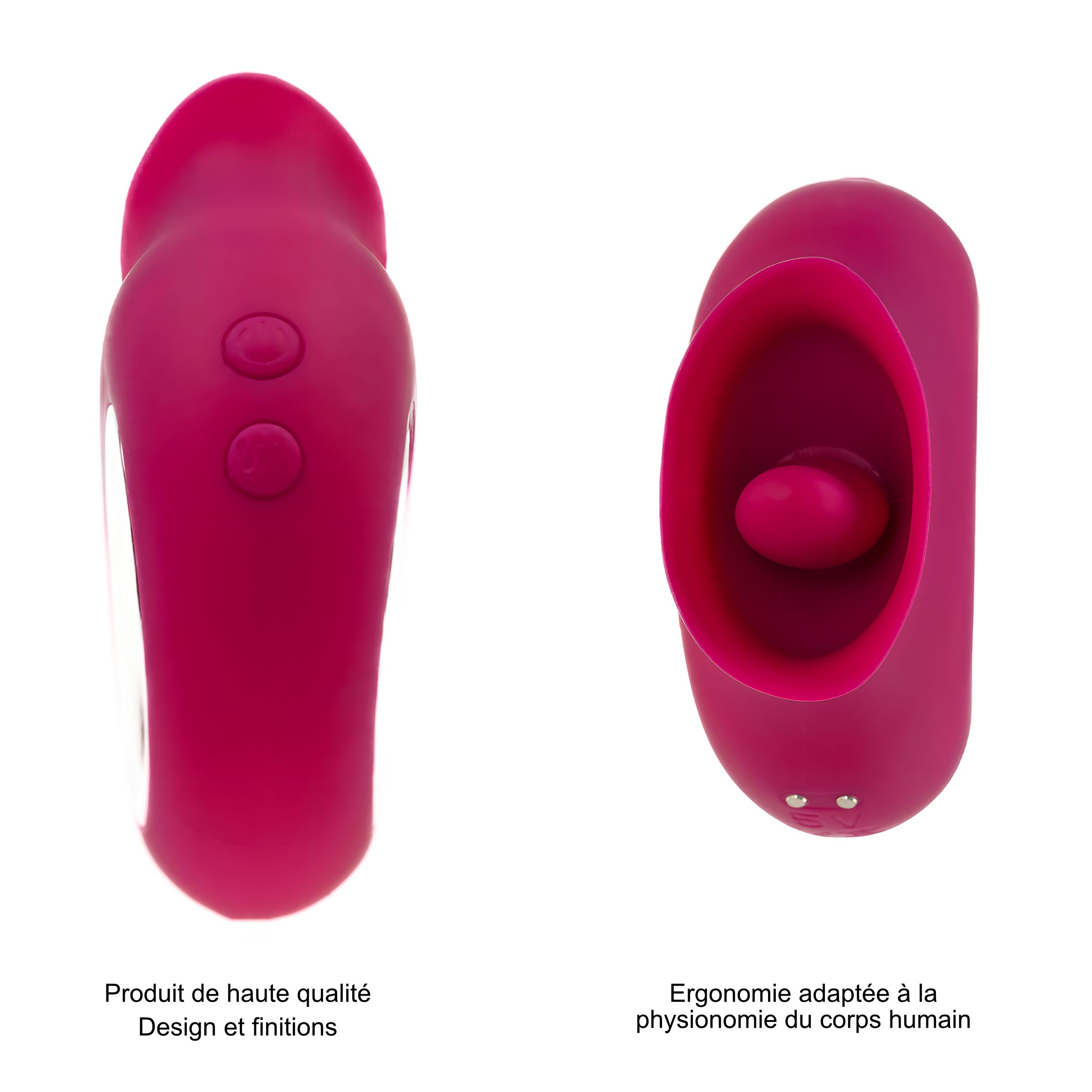 Deux vues d'un appareil rose. Gauche : Design et finitions. Droite : Ergonomie adaptée au corps humain.