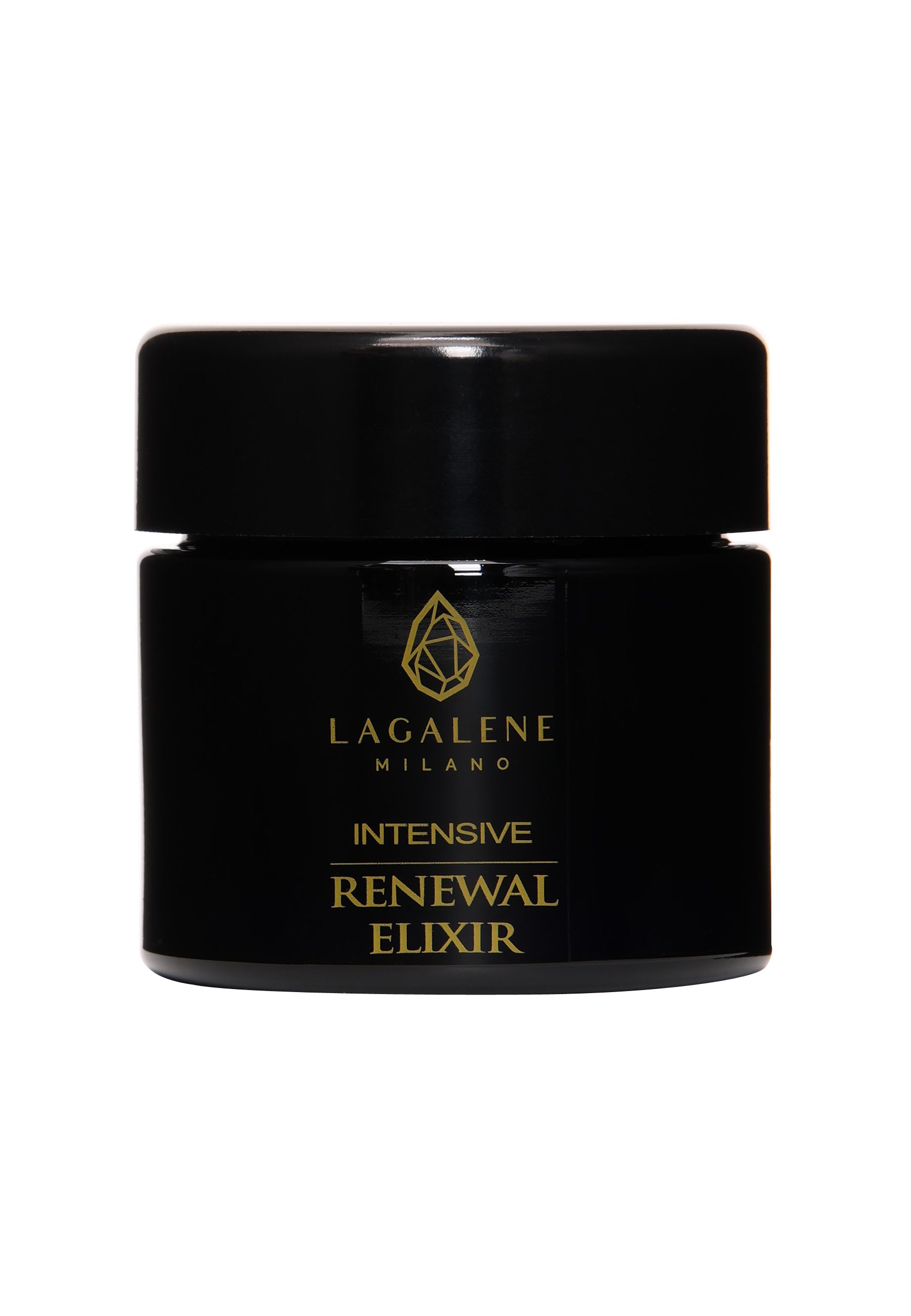 Pot noir avec texte et logo dorés. Texte: Intensive Renewal Elixir.