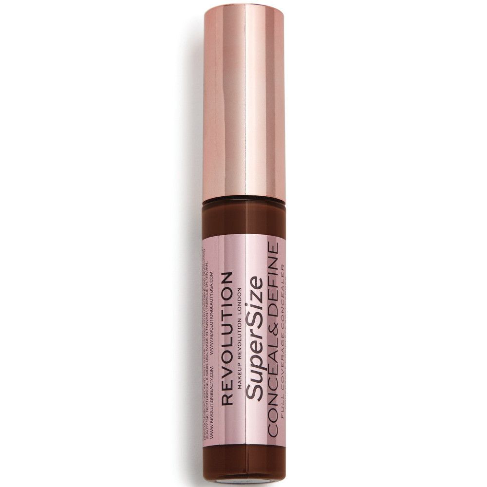 Flacon de correcteur fermé avec bouchon or rose. Inscription: Super Size Conceal & Define.