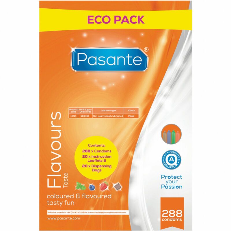 Grand paquet de préservatifs Pasante. Contient 288 préservatifs, 20 sachets et 20 notices. Préservatifs aromatisés.