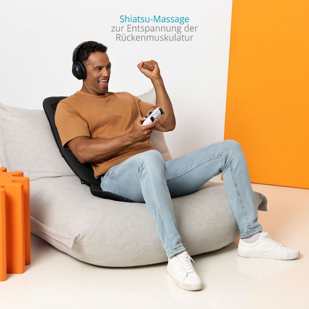 Un homme se détend sur un coussin de massage en jouant à des jeux vidéo.
