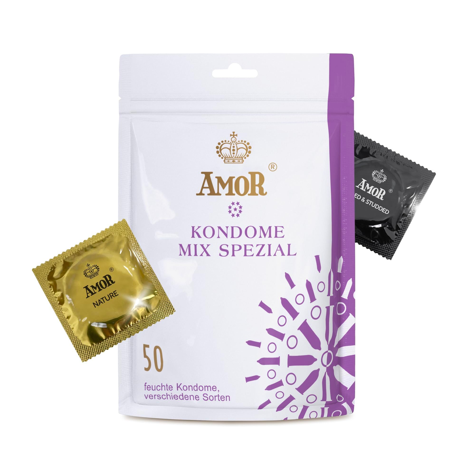 AMOR Mix Special condooms verpakking van 50, met maten Ø53mm en Ø54mm.