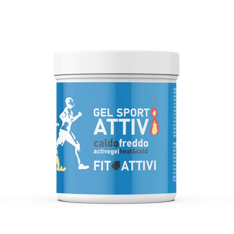 Pot rond avec étiquette bleue. Inscription : Gel Sport Attiv, caldo freddo, activegel heat&cold, Fit Attivi. Illustration d'un coureur.