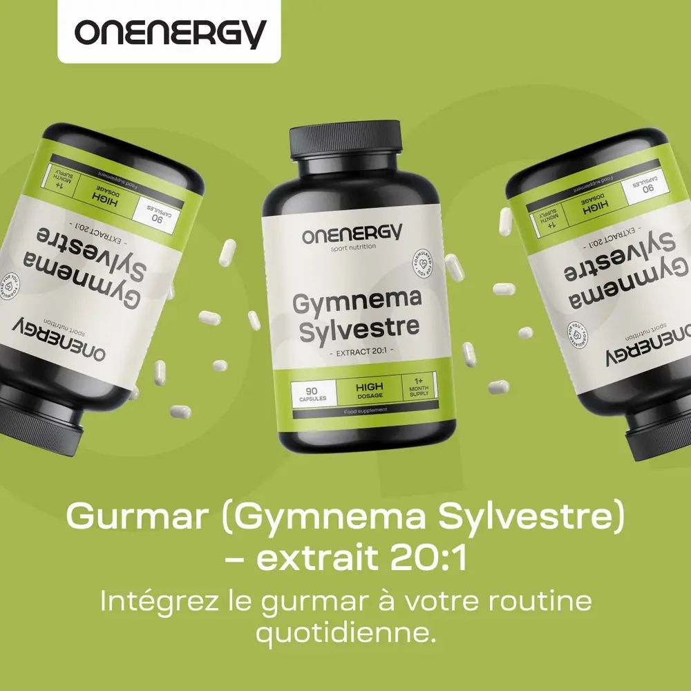Trois bouteilles OnEnergy Gurmar sur fond vert. Intégrez le gurmar à votre routine quotidienne.